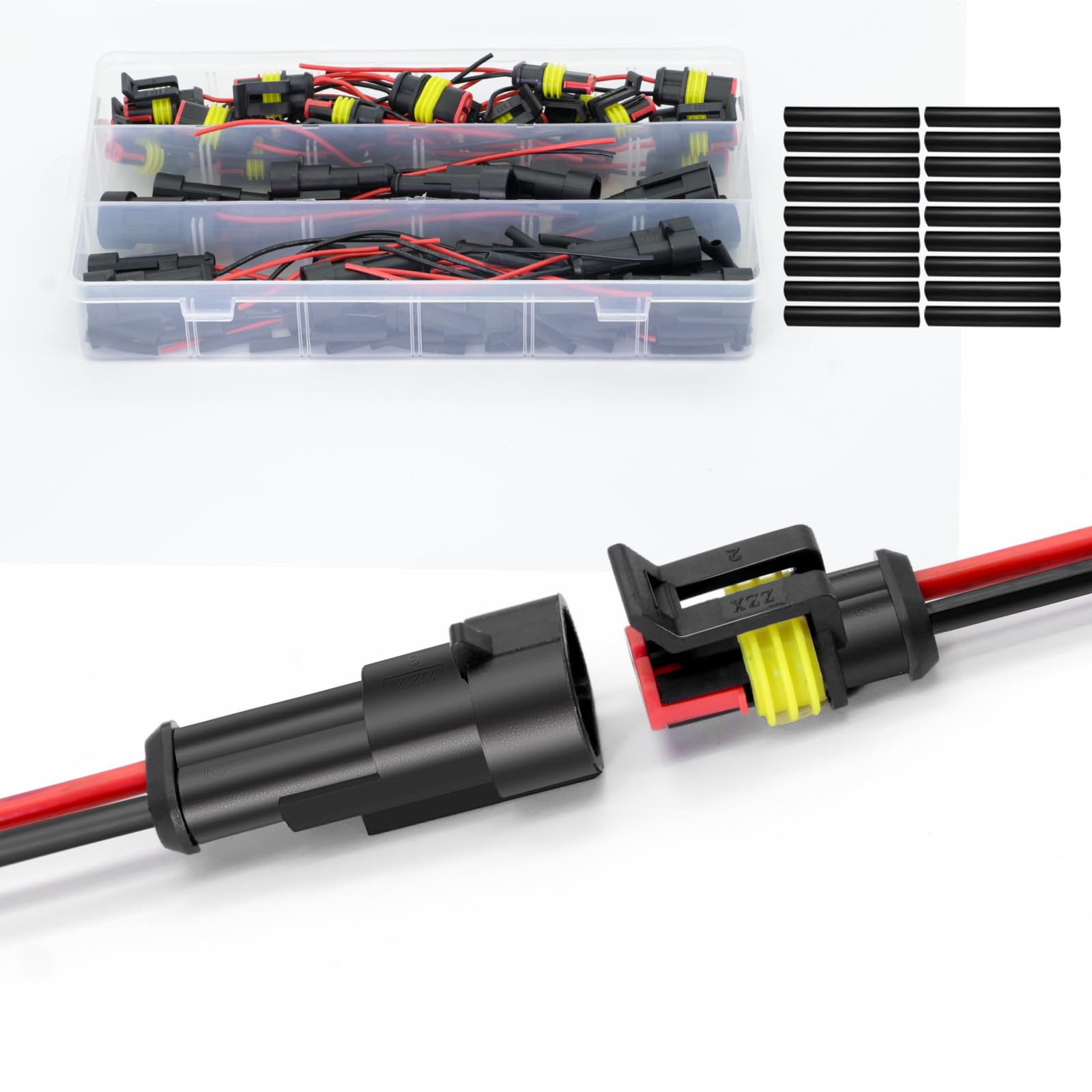 10 Pack 16 AWG 2 Pin Waterproof Electrical Connectors Kit - Automotive Wire Terminals with Heat Shrink Tubing for Car, Motorcycle, Boat Wiring - Weatherproof Electrical Connections for Harsh Environments
