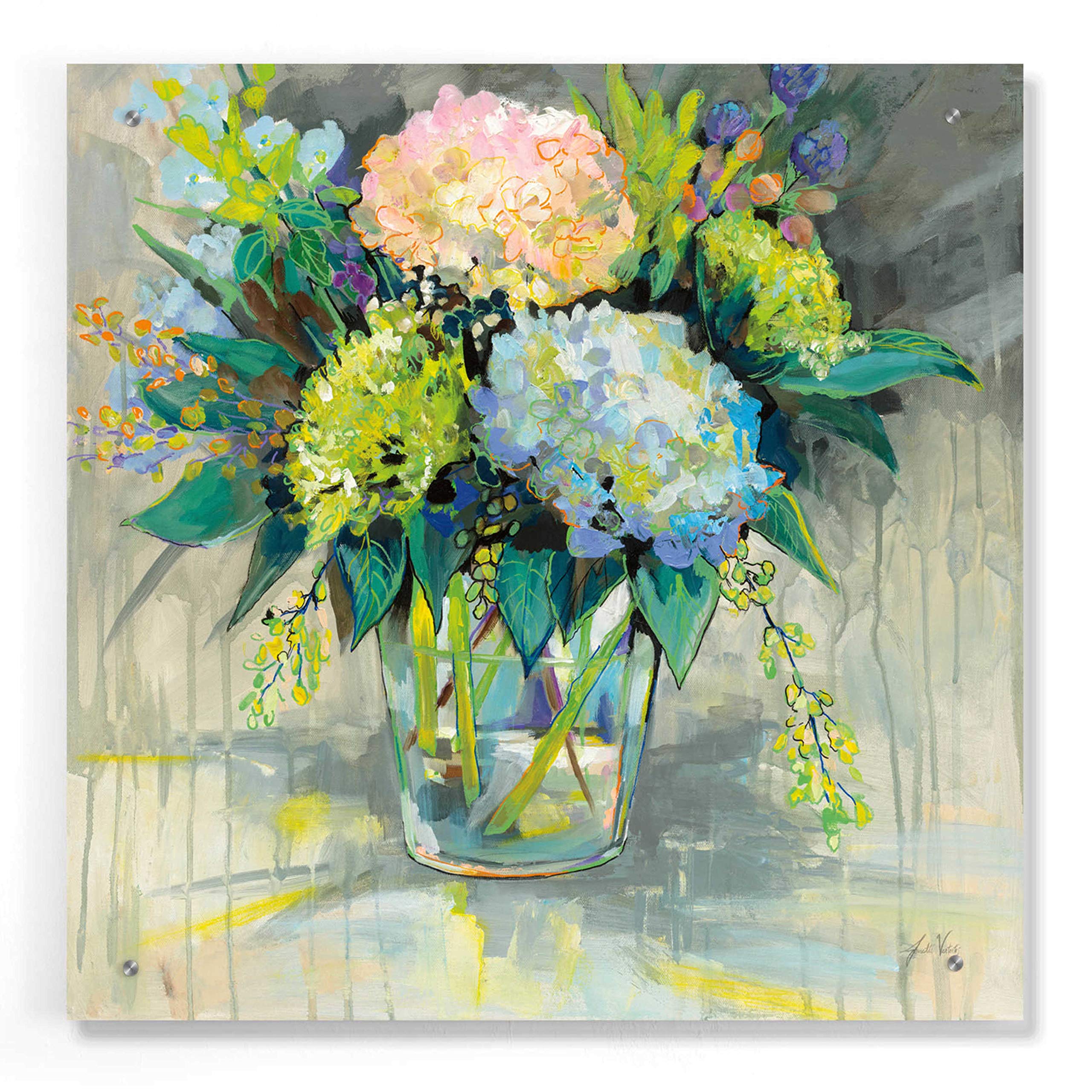 Jeanette Vertentes 'Hydrangeas from The Garden' Acrylic Glass Wall Art - 24x24 Inch Modern Floral Painting for Living Room, Bedroom & Office Decor