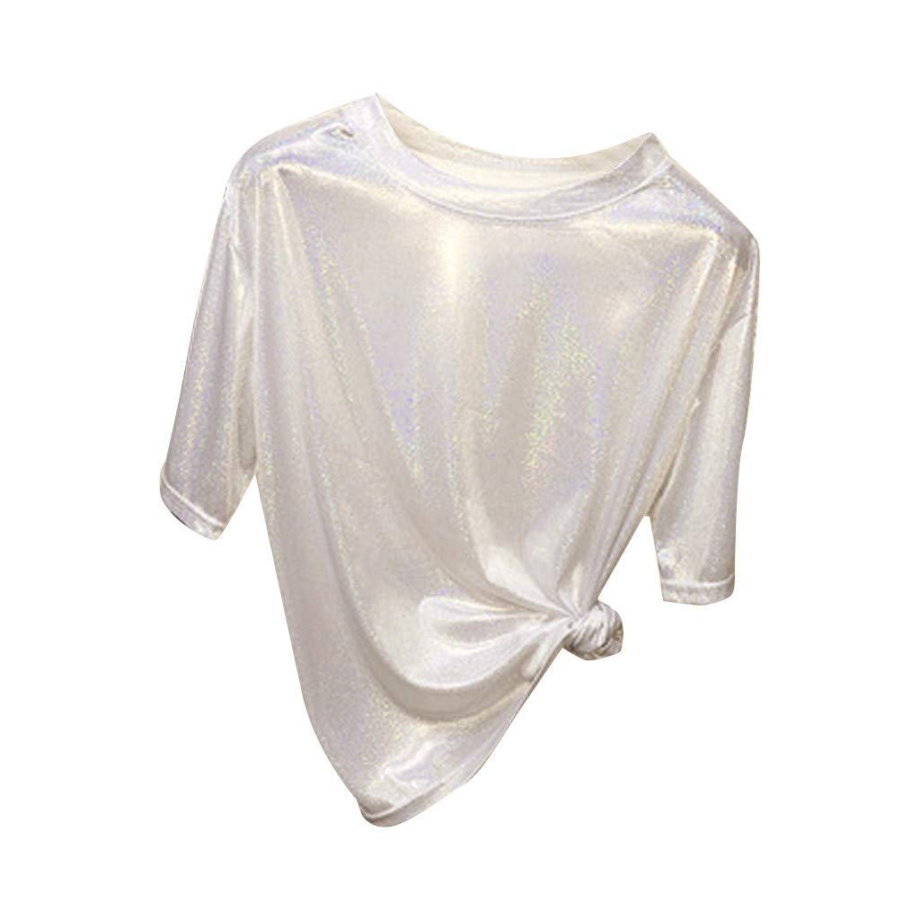 Women's Shiny Reflective T-Shirts - Short Sleeve Crew Neck Loose Fit Casual Tee Tops with Sequin Glitter | Perfect for Parties, Night Out & Festivals