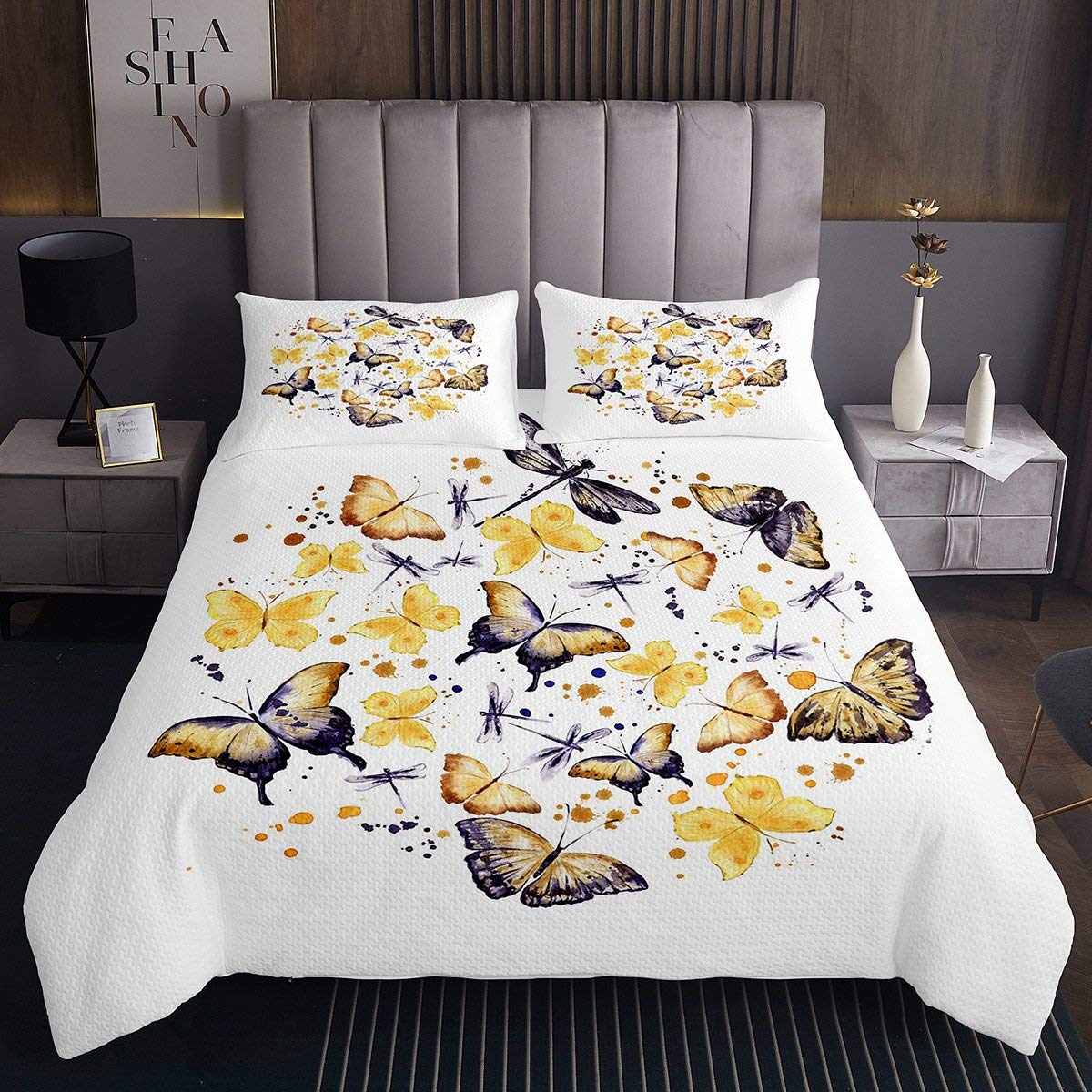 Erosebridal Butterfly & Dragonfly Quilted Bedspread Set - Golden Butterfly Tie Dye Coverlet with 2 Pillowcases, King Size - Romantic Pastoral Style for Master Bedroom Decor