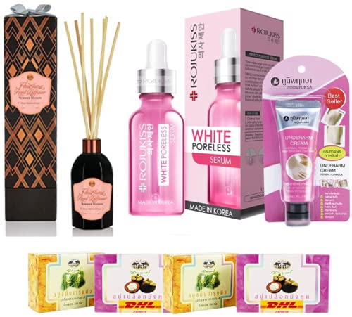A74 Erbs Summer Maison Fleurfume Reed Diffuser & Rojukiss Poreless Serum 18ml - Anti-Aging Facial Treatment with Free Tomato Mask | Home Fragrance & Skincare Gift Set for Women | Perfect for Bedroom, Bathroom & Spa Relaxation
