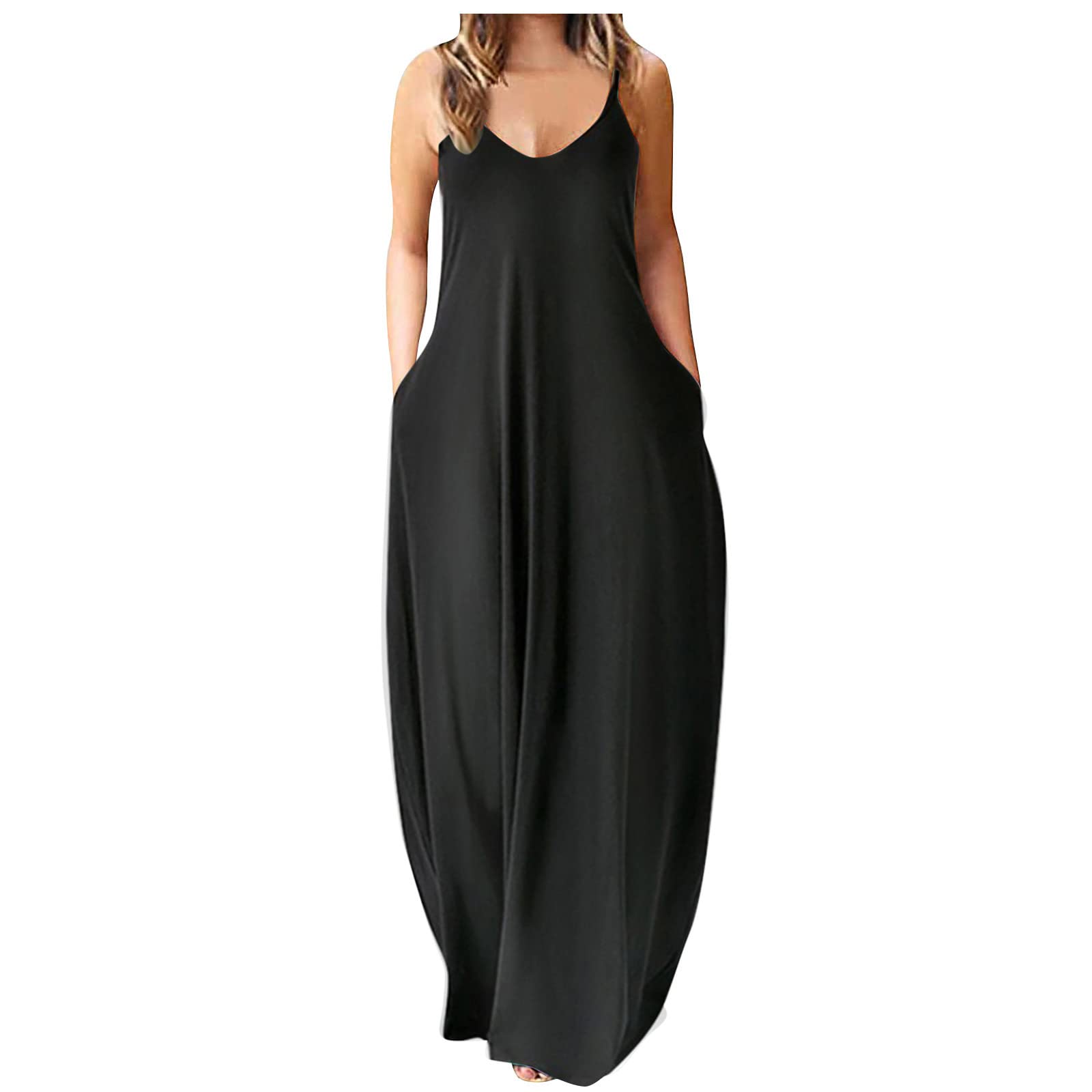 Plus Size Women's Summer Maxi Dress - Sleeveless V-Neck Casual Cami Dress with Pockets | Beach, Vacation & Everyday Wear