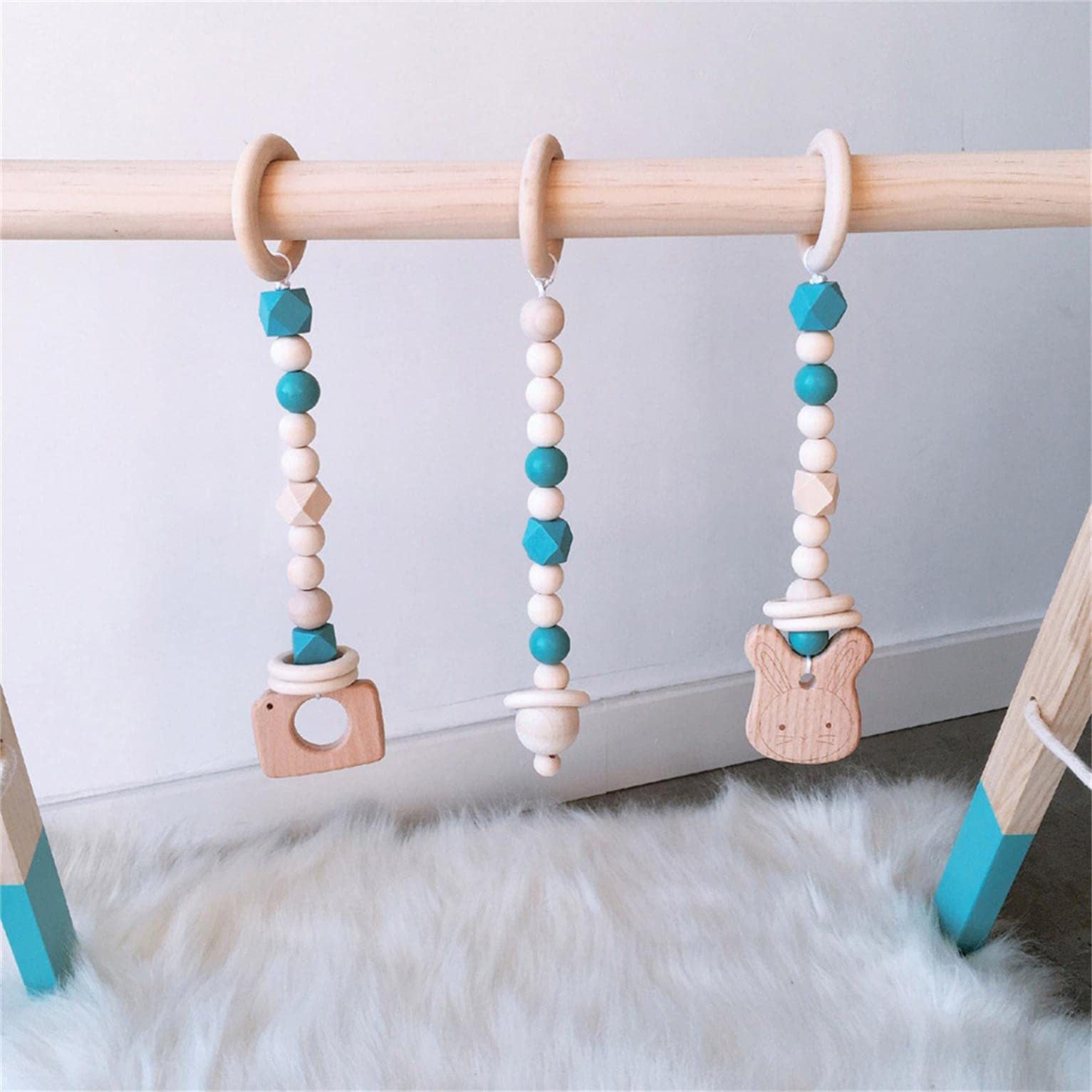Tiansyue Wooden Baby Gym with Hanging Toys - Montessori Activity Frame for Boys & Girls - Stroller, Car Seat & Crib Mobile - Sensory Rattles & Nursing Pendant Toy Gift (Blue) - Perfect for Newborn Development & Travel Entertainment