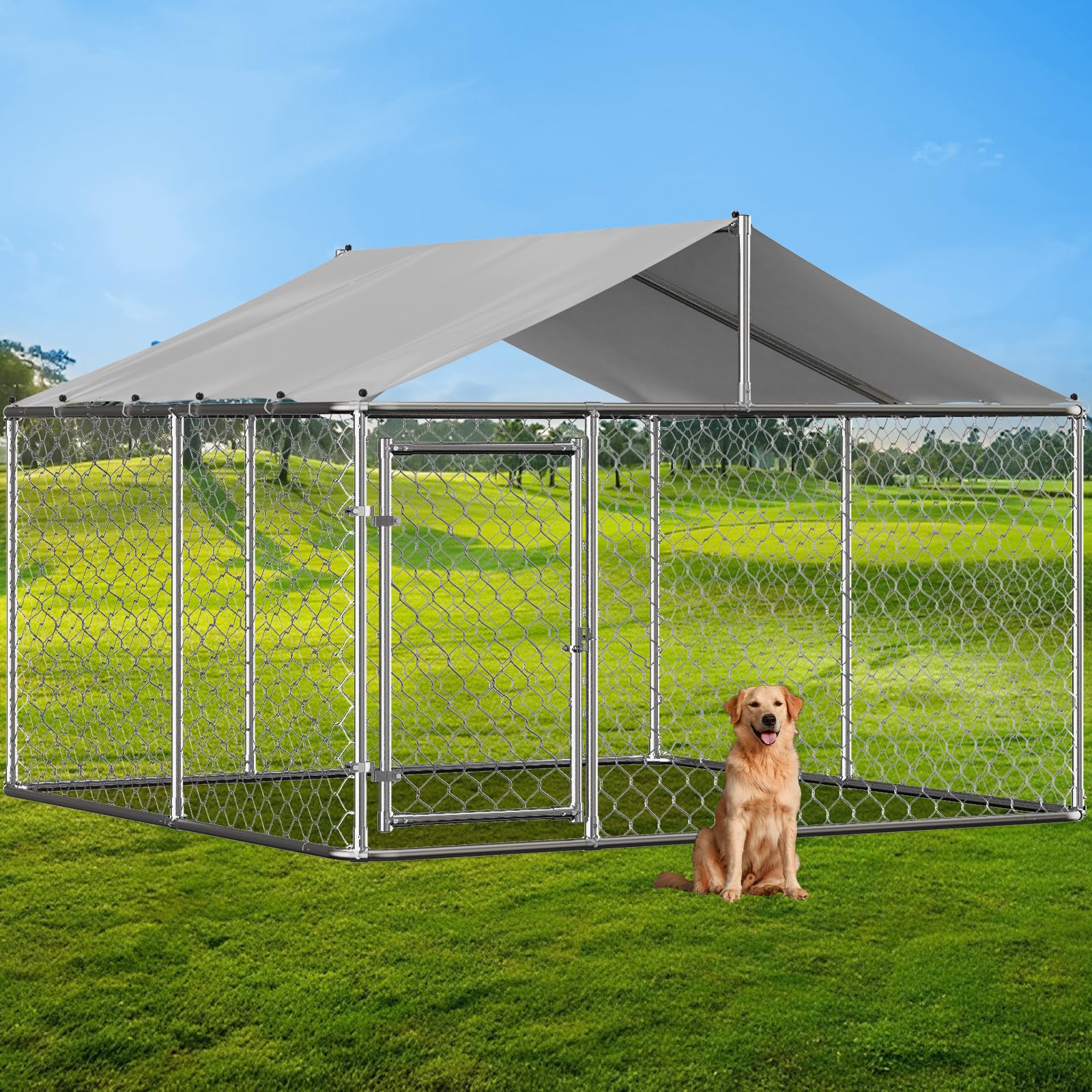 10×10FT Extra Large Heavy Duty Outdoor Dog Kennel with Roof Cover - Chain Link Dog House Cage Playpen with Lockable Door for Backyard - Perfect for Large Breed Dogs, Pet Safety & Outdoor Playtime