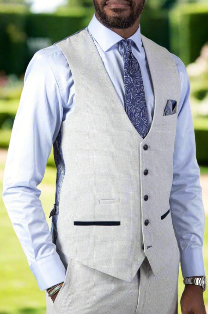 Marc Darcy Bromley Grey Stone Single Breasted Check Waistcoat for Men - Formal & Business Attire - Perfect for Weddings, Office Wear & Special Occasions