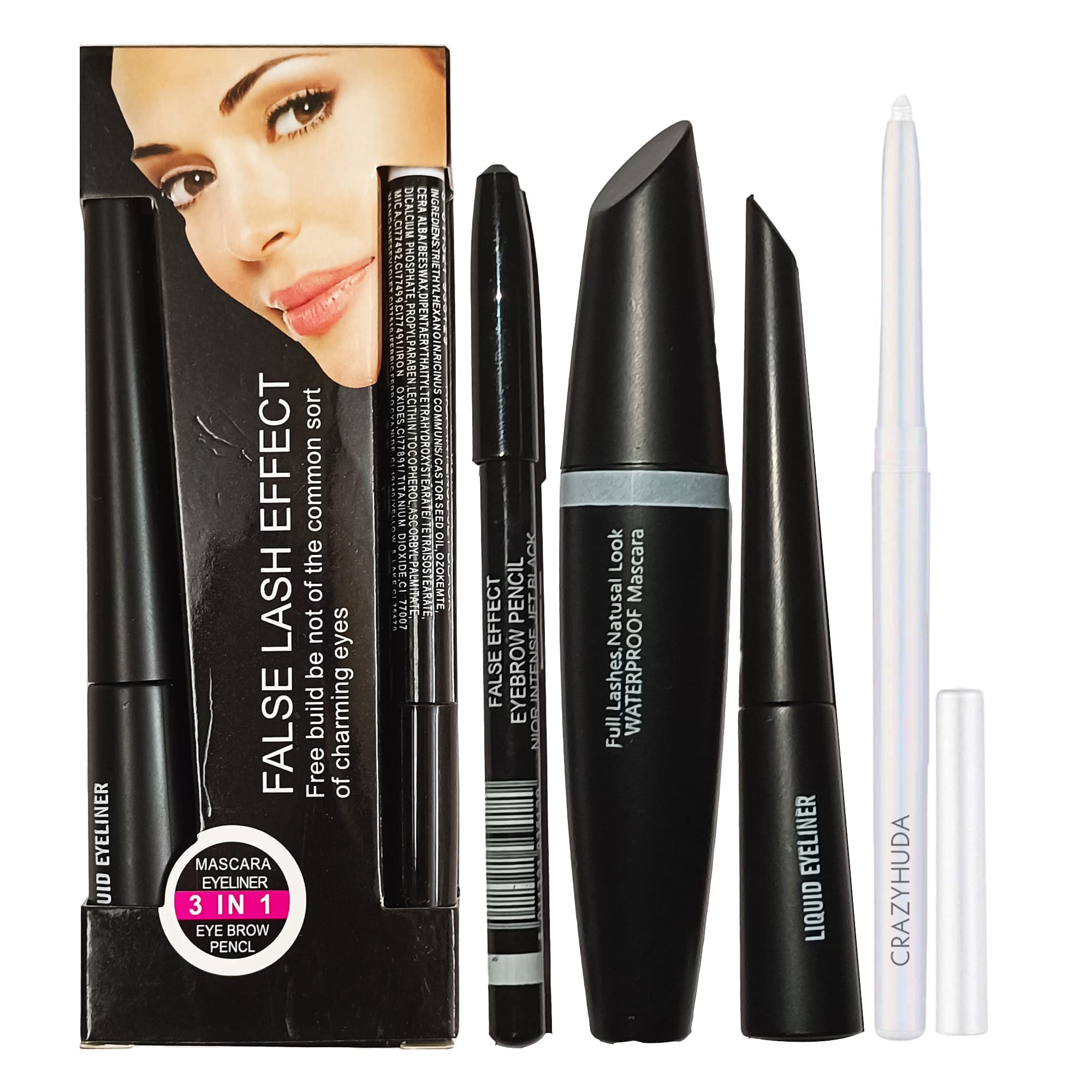 **Huda Beauty Waterproof 3-in-1 Mascara, Eyeliner & Eyebrow Pencil Set – Long-Lasting Black & White Kajal for Smoky Eyes & Bold Brows – Perfect for Day to Night Makeup**