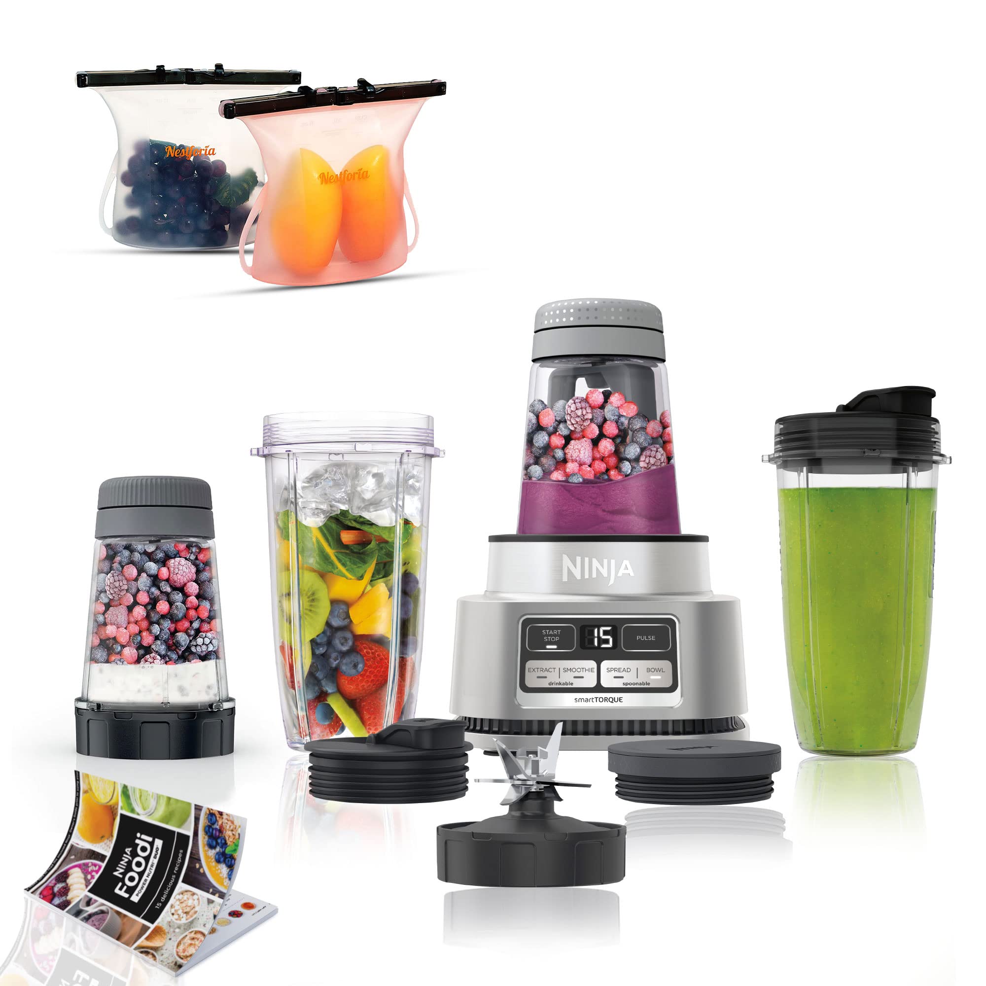 Ninja Foodi Smoothie Bowl Maker & Nutrient Extractor 1200W - 4-in-1 Blender for Smoothies, Nut Butters, Bowls & Spreads - Includes 14oz Silver Bowl, Cups & Lids + Nestforia Silicone Food Storage Containers - Perfect for Healthy Breakfasts, Post-Workout Recovery & Meal Prep