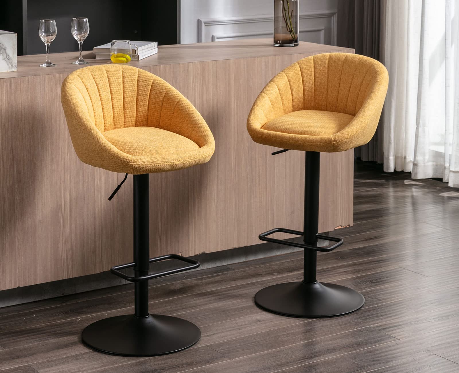 Shunzhi Adjustable Bar Stools Set of 2 - Modern Swivel Upholstered Counter Height Chairs with Black Metal Round Base, Backrest & Footrest - Kitchen Island, Living Room, Pub, Coffee Shop, Restaurant (Yellow) - Perfect for Breakfast Bars, Home Bars & Commercial Use