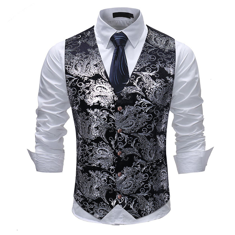 Stylish Single Breasted Slim Fit Printed Vest Waistcoat in Silver - Perfect for Business Casual, Office Wear & Formal Occasions