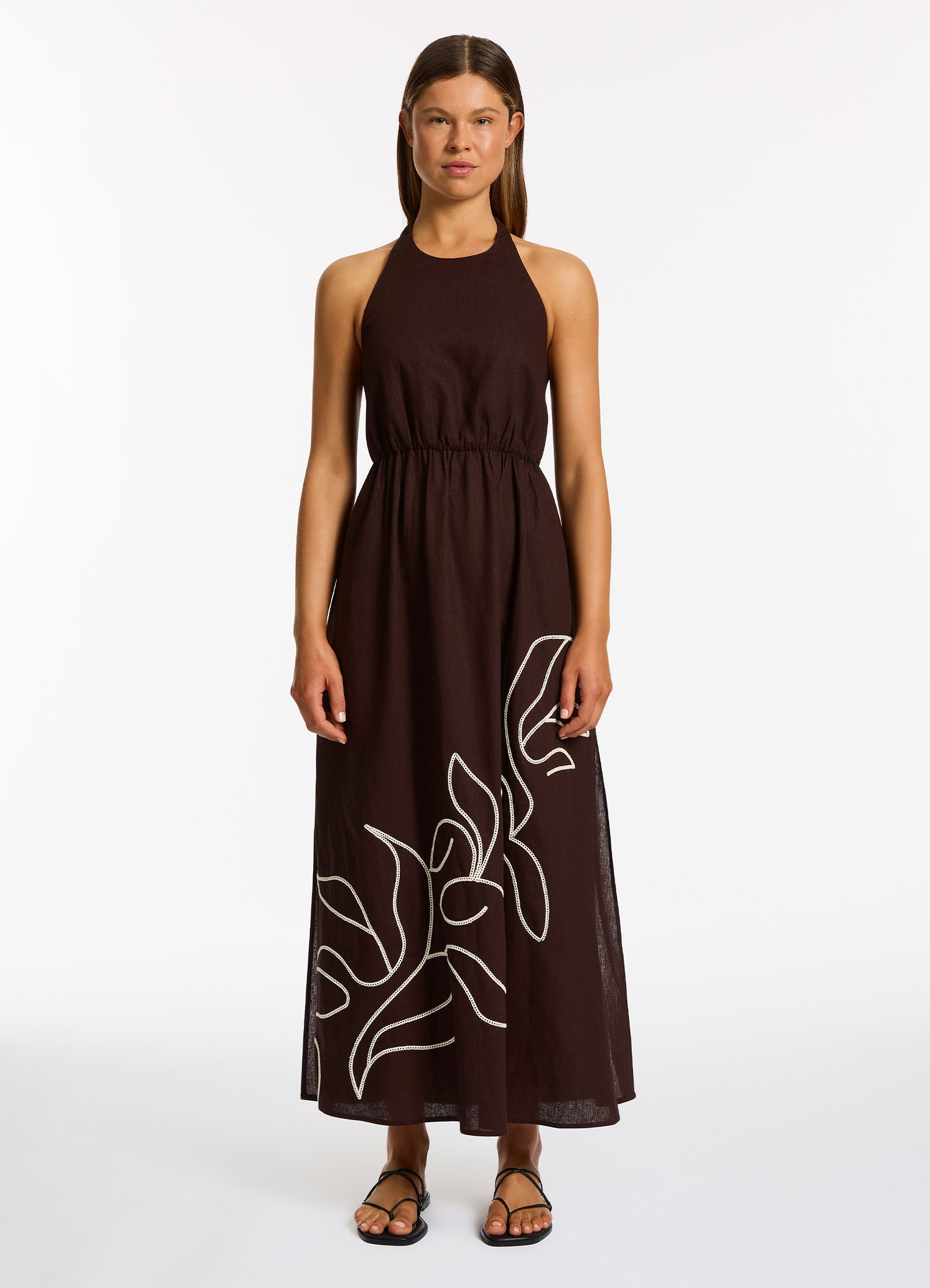 Dahlia Palm Embroidered Maxi Dress in Chocolate - Elegant Floral Summer Beach Dress for Women, Perfect for Vacation, Wedding Guest & Boho Chic Outfits