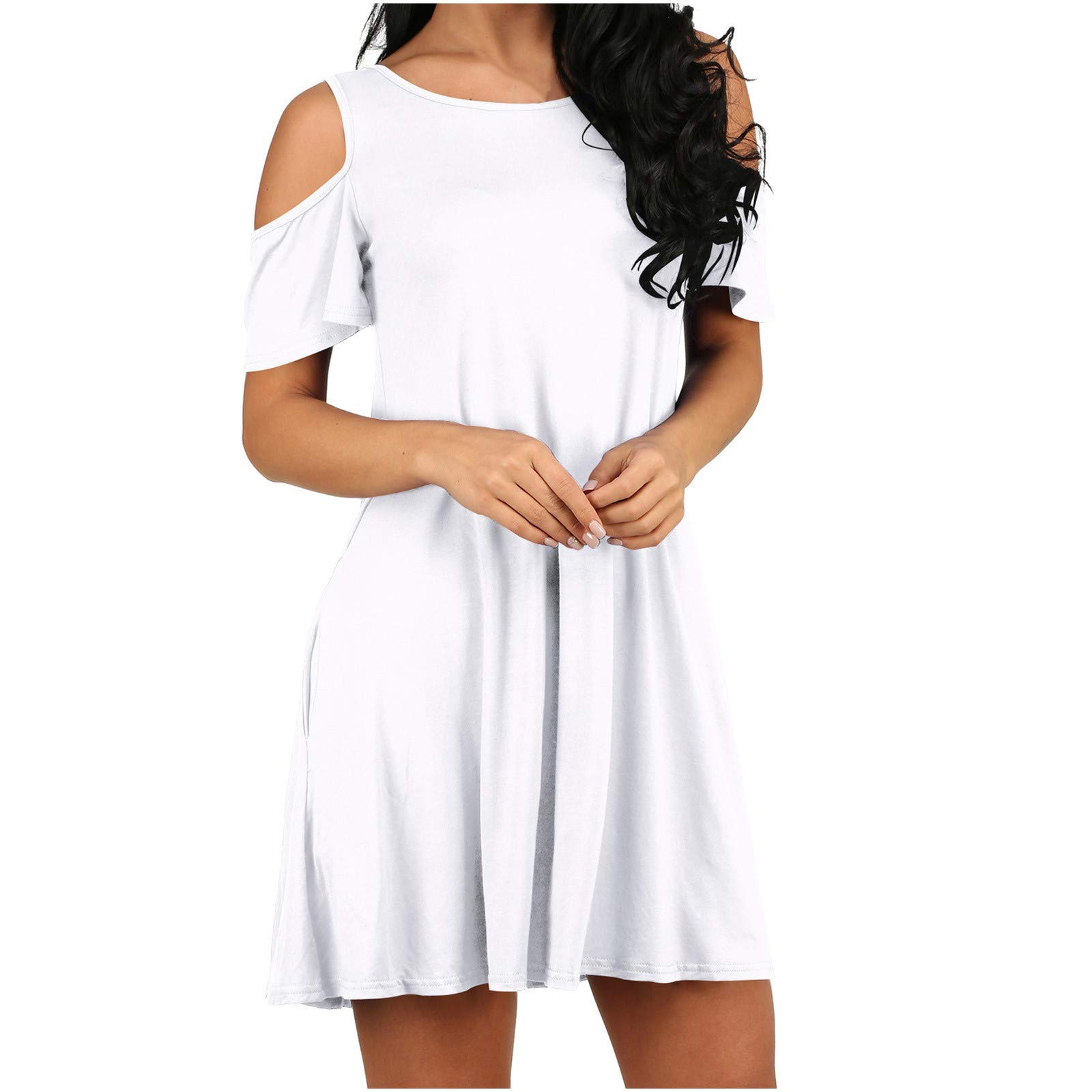 Women's Summer Halter Dress - Casual Off Shoulder Short Sleeve Dress with Pockets, O-Neck Ultrashort Flowy Dress for Beach, Party & Vacation | Trendy & Comfortable