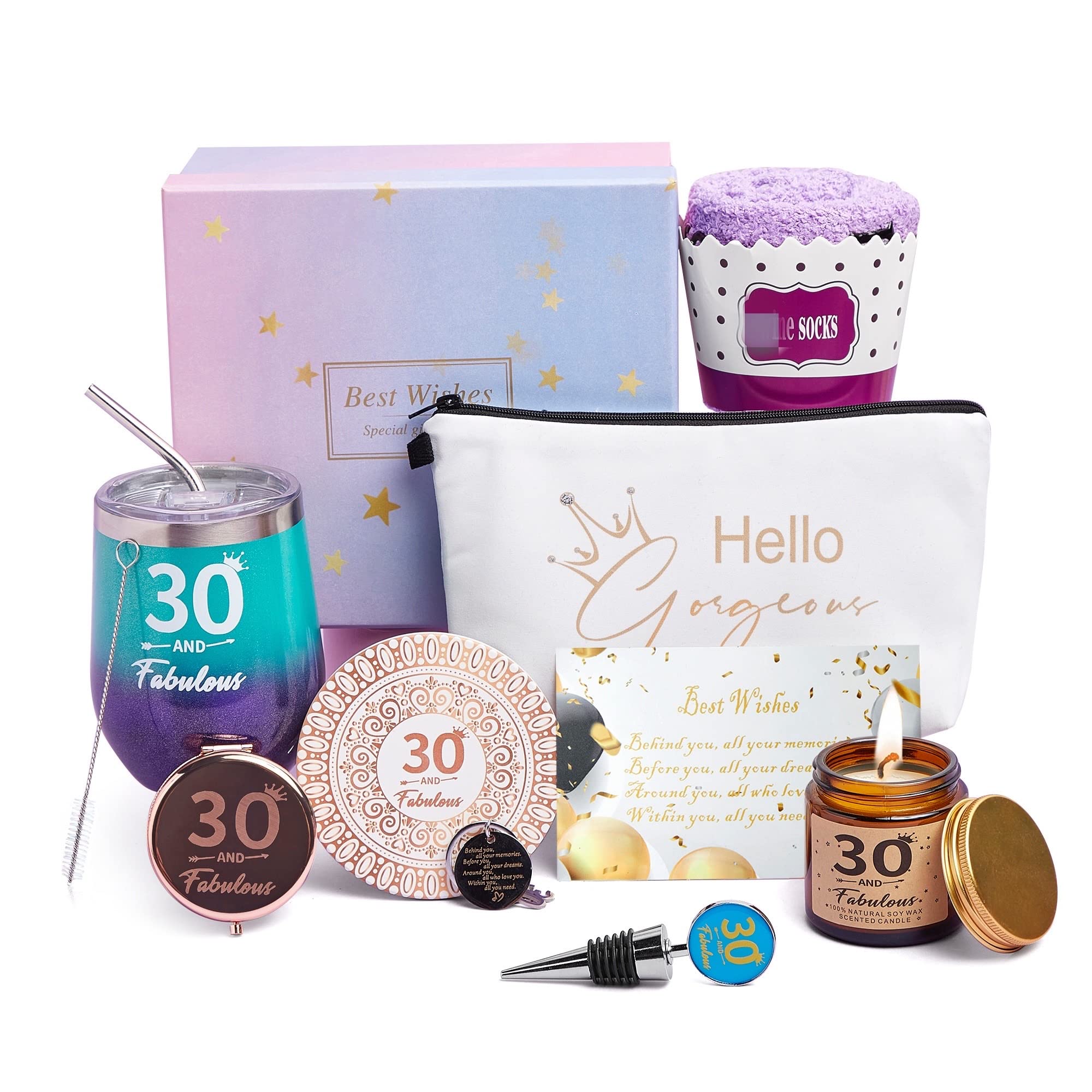 30th Birthday Gift Box for Women - Includes Tumbler, Gift Cards, Socks, Straw, Candle, Coaster, Stopper & Brush - Perfect Birthday Present for Mom, Sister, Aunt or Coworker - Great for Office Celebrations, Surprise Parties & Special Occasions