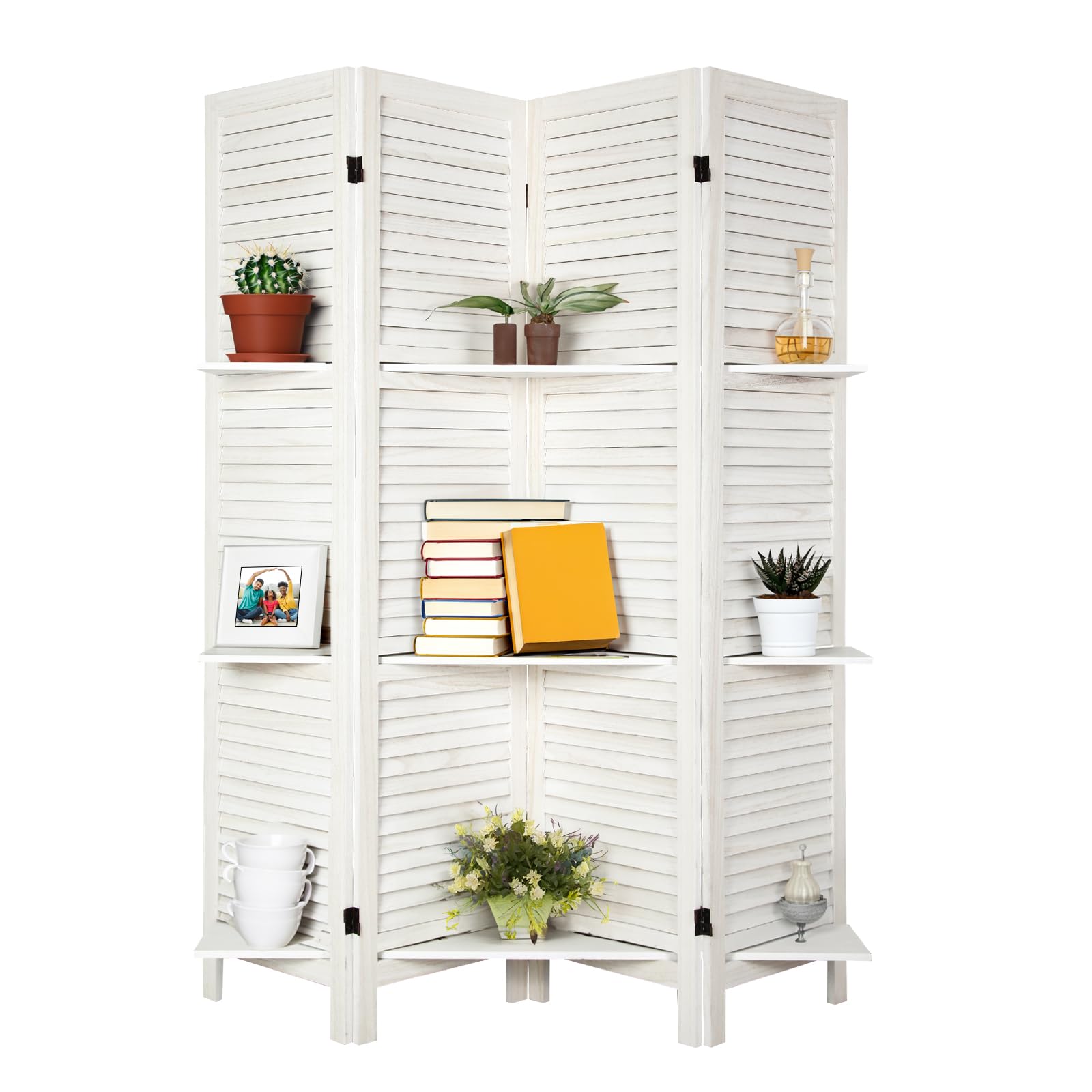 ECOMEX 5.6Ft Tall 4 Panel Wooden Room Divider with Shelves - Folding Privacy Screen for Bedroom, Home Office & Living Room - Double Hinged Room Separator in White - Perfect for Creating Private Spaces, Home Organization & Room Partition