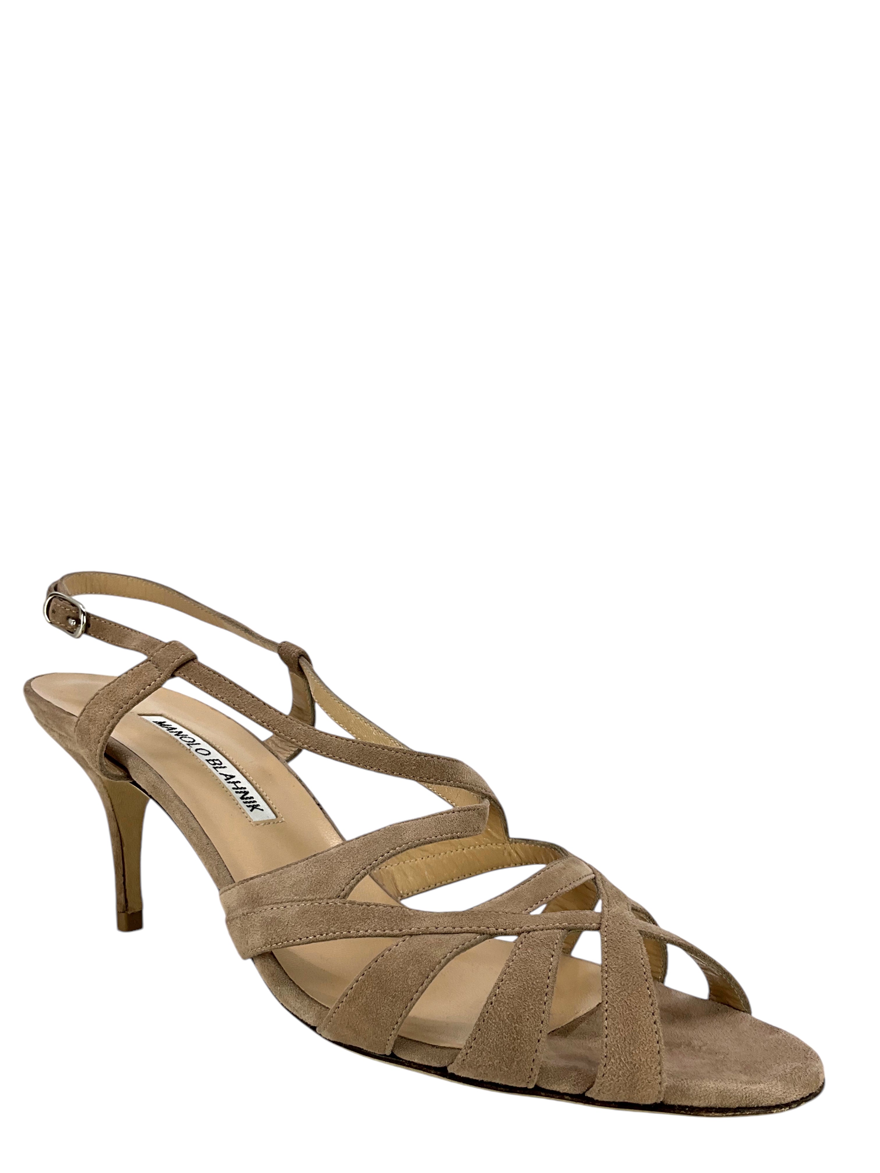 MANOLO BLAHNIK Women's Strappy Suede Sandals Size 8.5 - Luxury High Heel Dress Shoes for Weddings, Parties & Evening Events