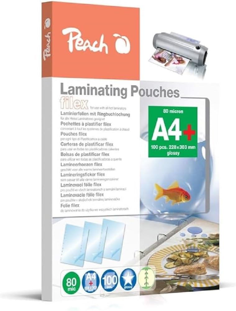 Peach S-PP580-21 A4 Laminating Pouches 80 Micron (100 Sheets) - Heat Seal Laminator Supplies for Documents, Photos & Certificates - Compatible with All Brand Laminators - Perfect for School, Office & Home Organization