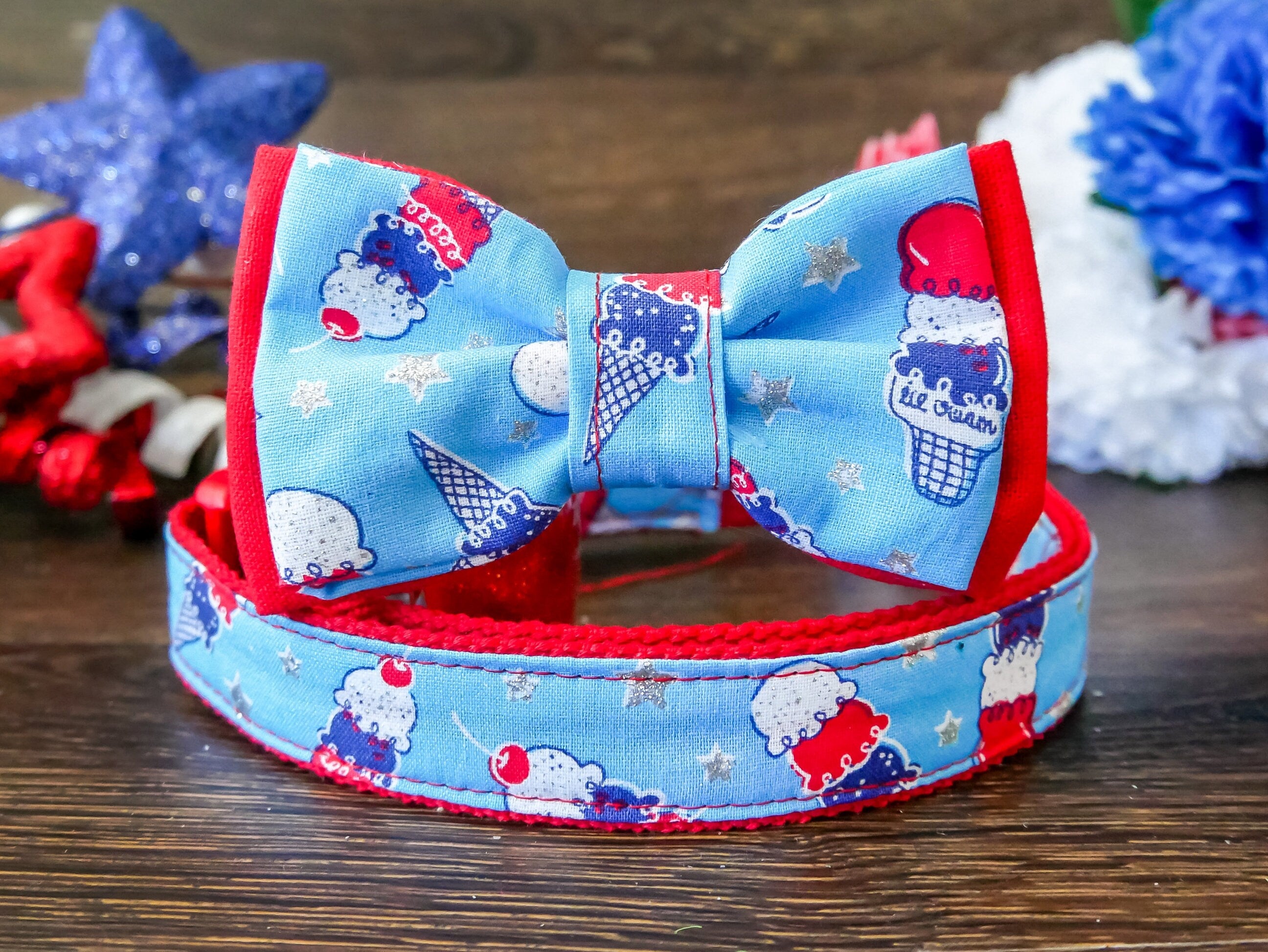 Patriotic Dog Collar with Bow Tie - Red White & Blue Adjustable Pet Collar for Small & Large Dogs - Perfect for 4th of July, Memorial Day & Independence Day Celebrations