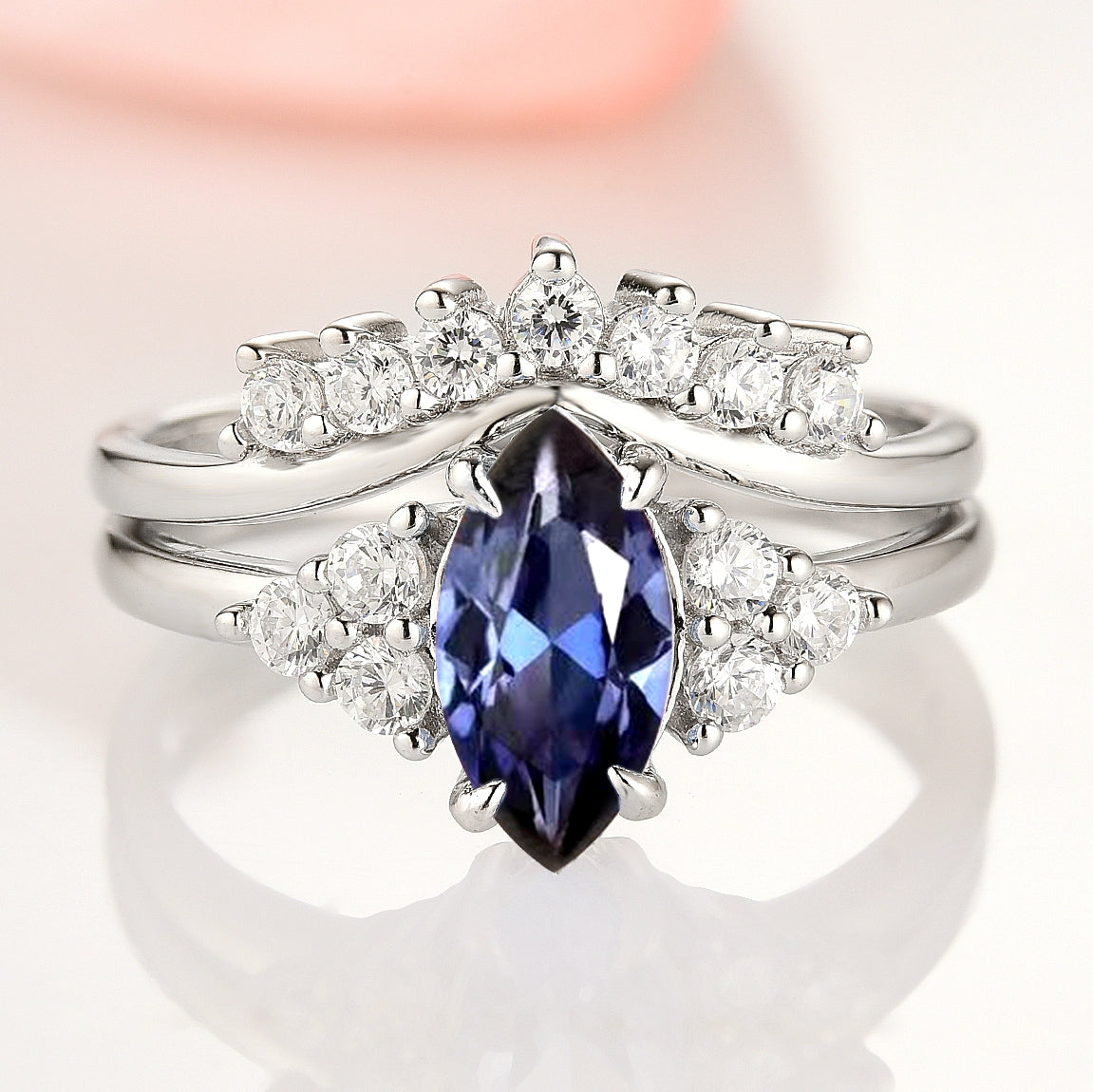 Nadia Marquise Blue Sapphire Bridal Ring Set - Sterling Silver Wedding Band for Women, Elegant Engagement & Promise Ring - Perfect for Proposals, Anniversaries & Special Occasions