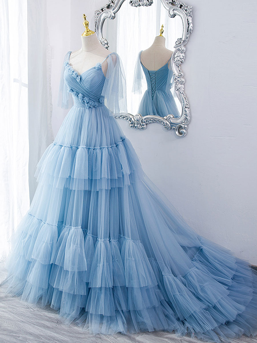Elegant Blue V-Neck Tulle Long Prom Dress for Women - Formal Evening Gown for Homecoming, Ball, and Special Occasions