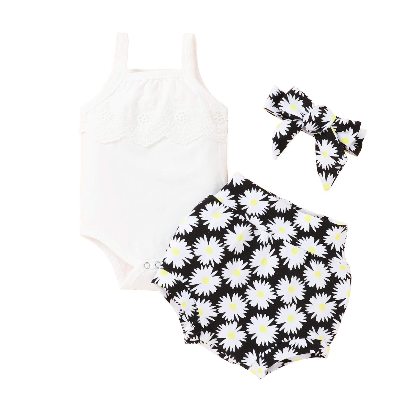 Newborn Baby Girl Summer Outfits - Sleeveless Halter Romper, Floral Shorts & Headband 3-Piece Set | Soft Lace & Strap Design for Comfort | Perfect for Outdoor Play, Beach Trips & Photo Shoots