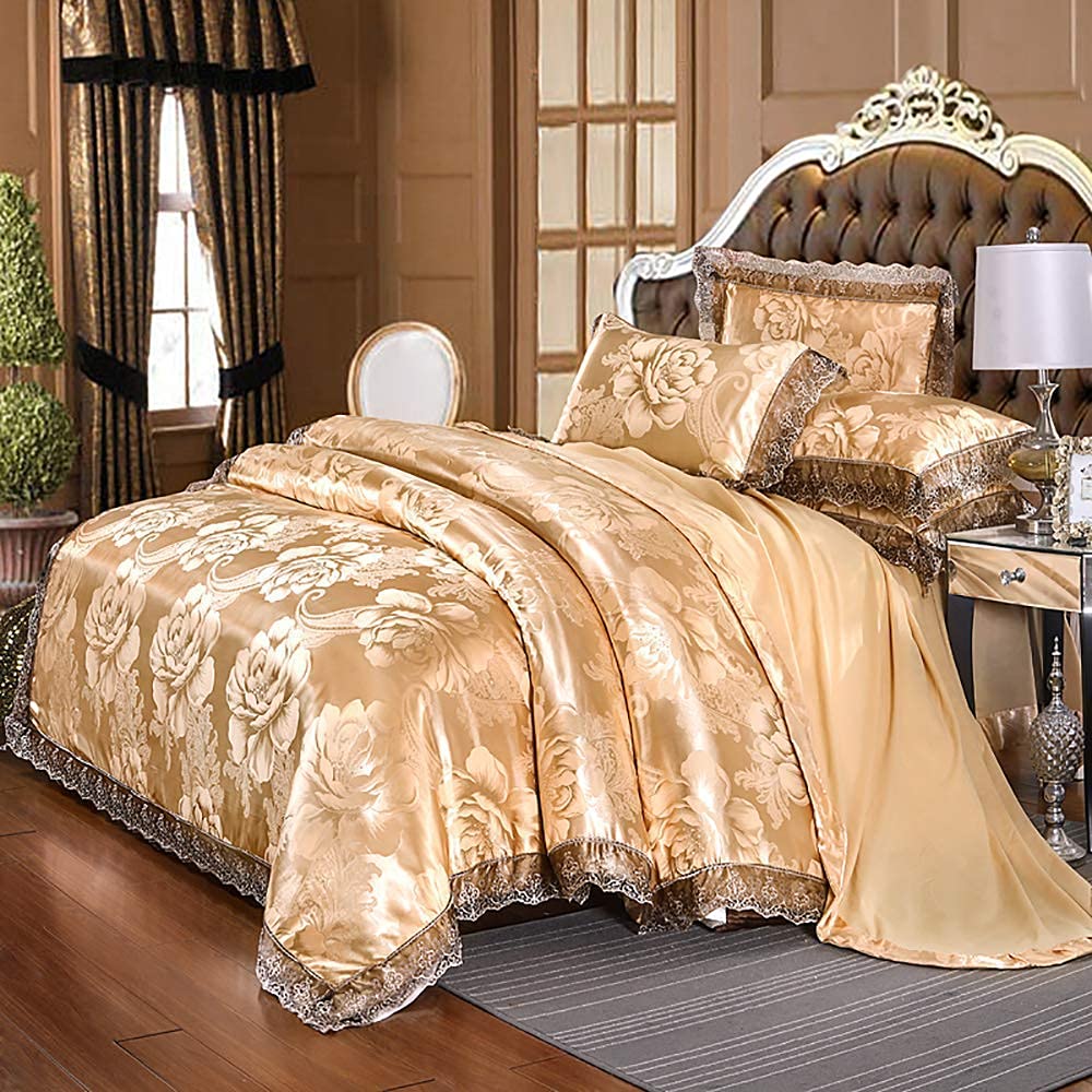 FMOGG King Size Silk Bedding Set - Blue & Gold Jacquard Duvet Covers for Luxury Bedrooms