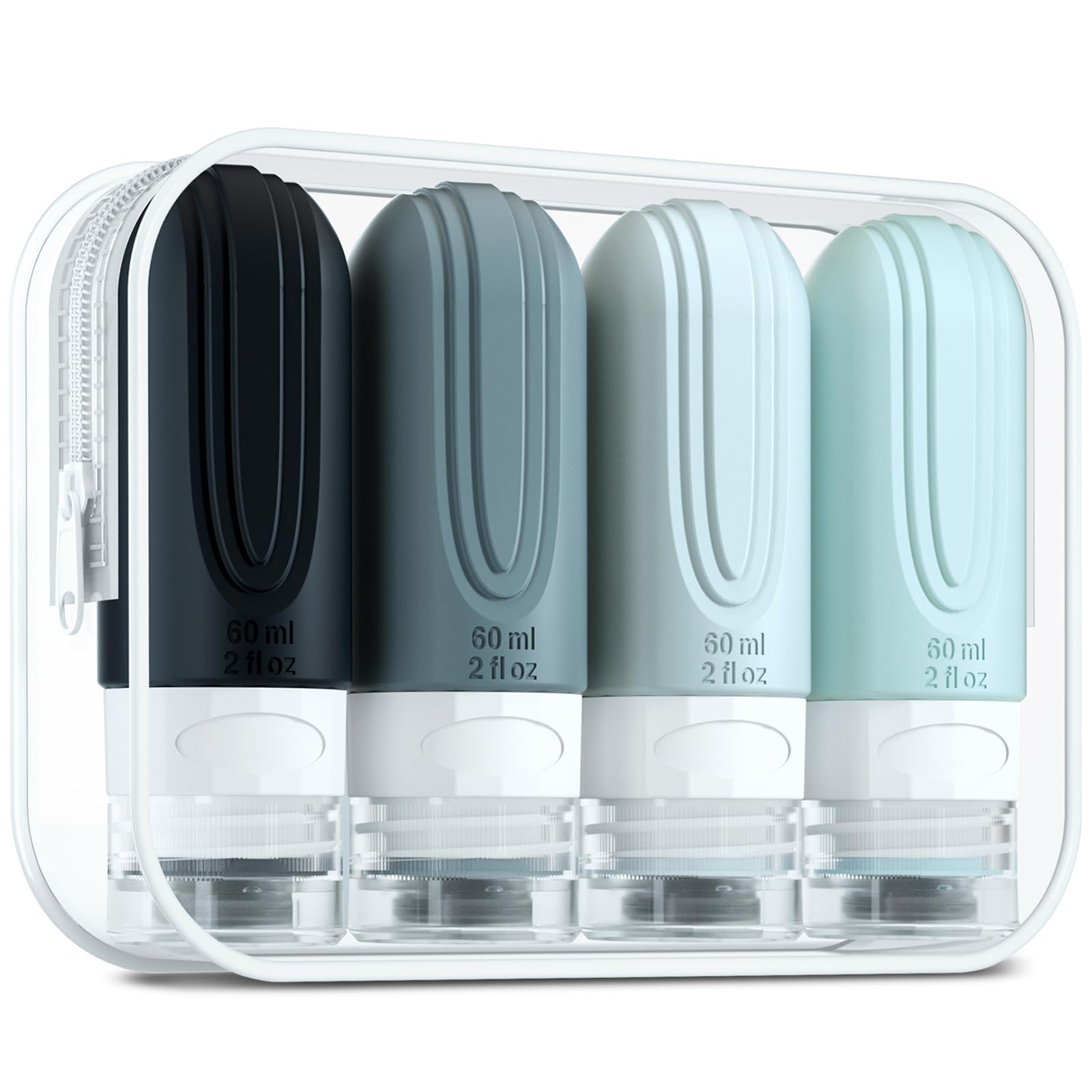 TSA Approved 2oz Travel Bottles for Toiletries - Leak Proof & BPA Free Refillable Containers with Toiletry Bag (4 Pack) - Perfect for Shampoo, Lotion & Liquid Essentials on Airplane Trips & Vacations