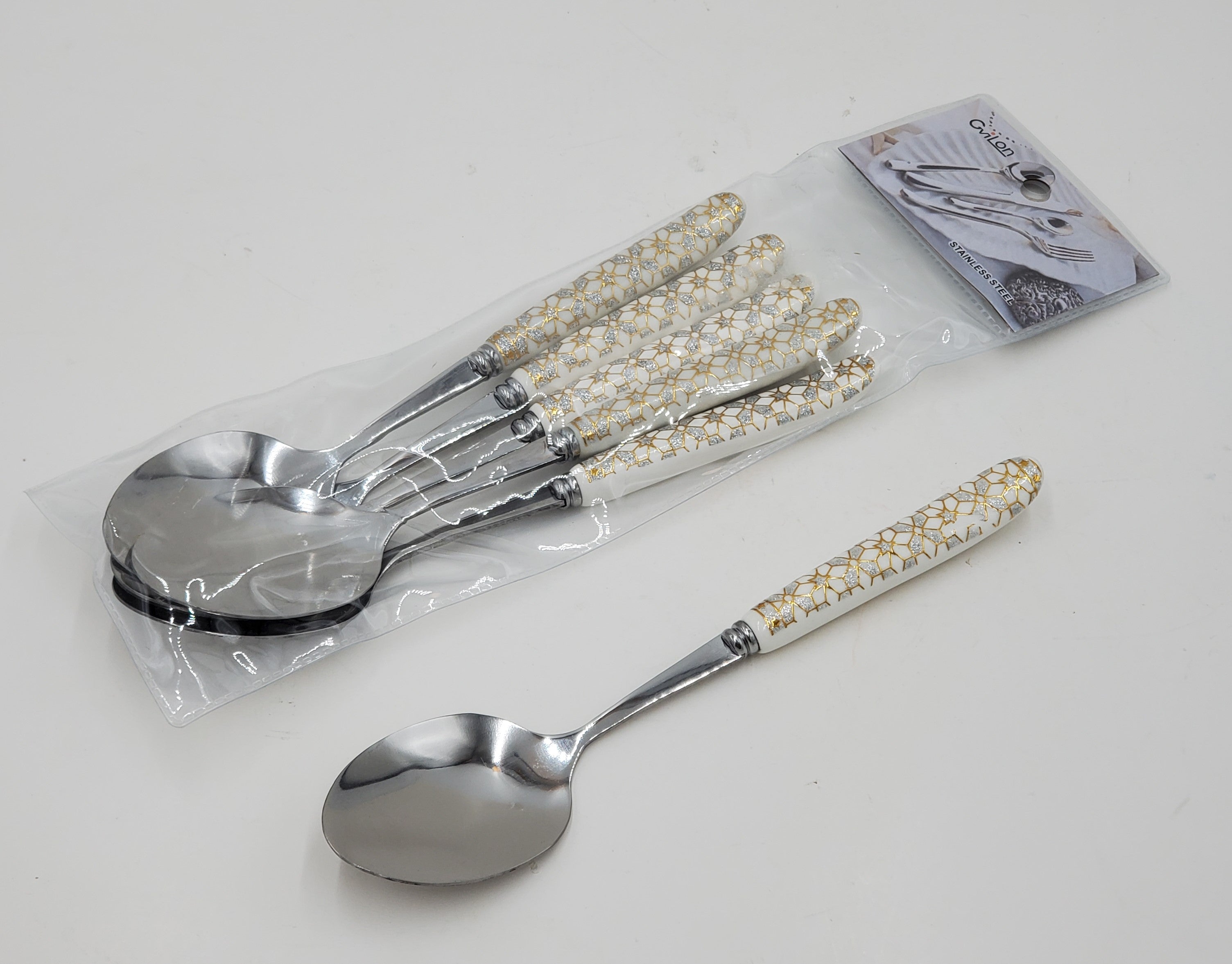 6-Piece Stainless Steel Dinner Spoon Set - Elegant Silver & Gold Cutlery for Fine Dining, Restaurants, and Home Entertaining