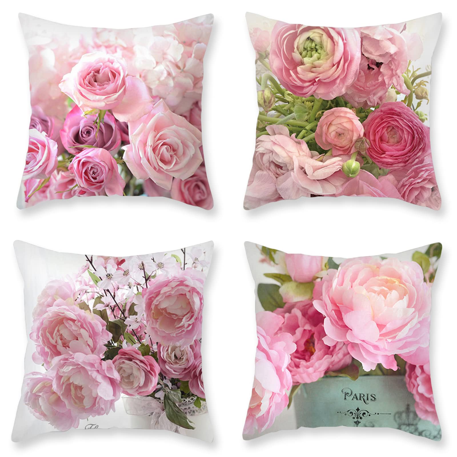 Vevins Shabby Chic Floral Throw Pillow Covers 18x18 Inch - 4 Pack Pink Rose Decorative Cushion Cases for Sofa, Bed, Living Room - Perfect for Spring, Summer, Wedding & Home Decor