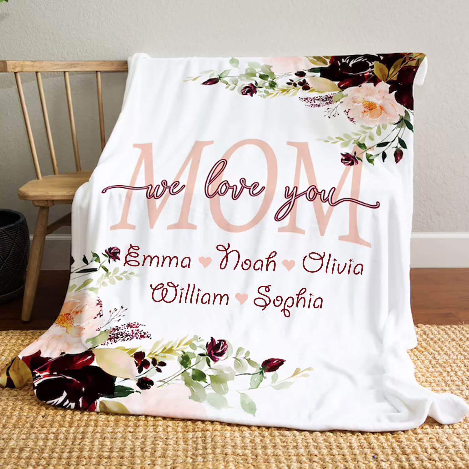 Personalized Mom Blanket - Floral 'We Love You' Design, Customized Gift for Mom & Grandparents, Perfect for Birthdays, Mother's Day & Cozy Family Moments