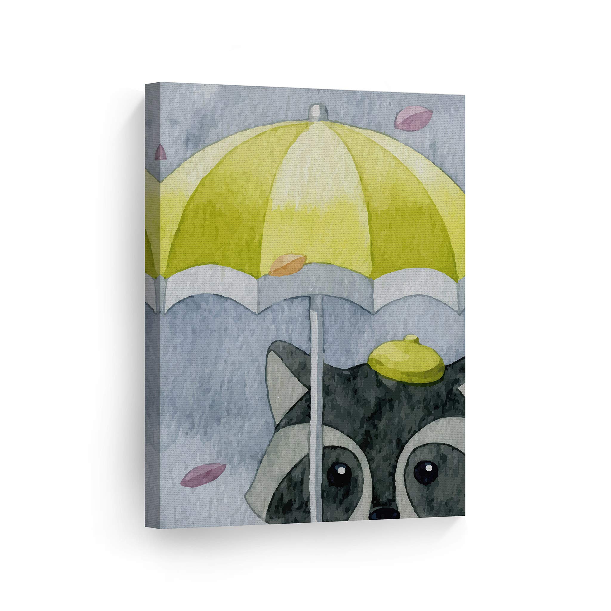 Smile Art Design Cute Raccoon Umbrella Painting - Gray Background Autumn Theme Canvas Print - Kids Room Decor, Nursery Wall Art - Ready to Hang 36x24 - Made in USA - Perfect for Baby Shower Gifts & Children's Bedroom Decoration