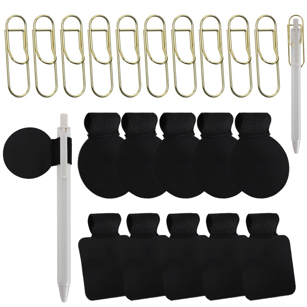 20-Piece Self-Adhesive Pen Holder Set - 10 Leather Pen Loops & 10 Paperclip Pen Clips for Notebooks - Gold & Black Portable Pencil Organizer for School, Office, Planner, Journal, and Desk Organization
