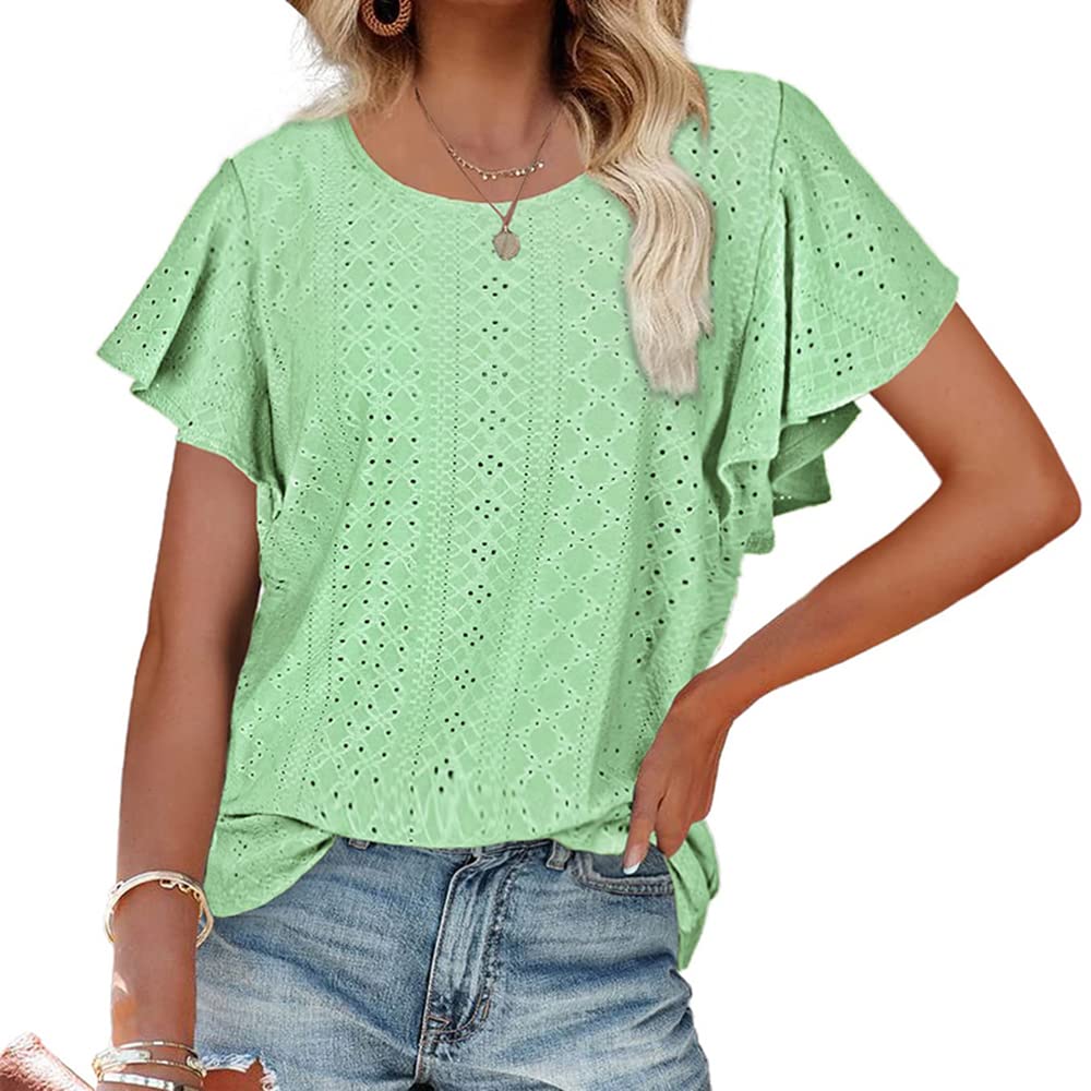 Women's Casual T-Shirt with Cutout Design, Ruffle Sleeves & Round Neck - Summer Tunic Top for Outfits, Beachwear & Everyday Fashion