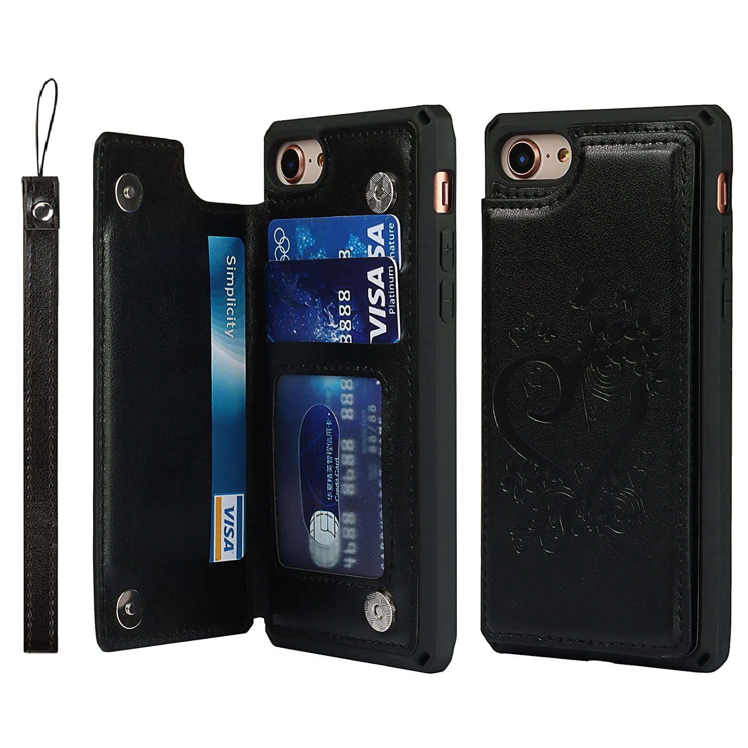 Jaorty iPhone 7/8/SE 2020/SE 2022 Wallet Case with RFID Blocking - Floral PU Leather Magnetic Flip Cover with Card Holder, Wrist Strap & Stand Feature (Heart Black) - Perfect for Daily Commute, Shopping & Travel Protection
