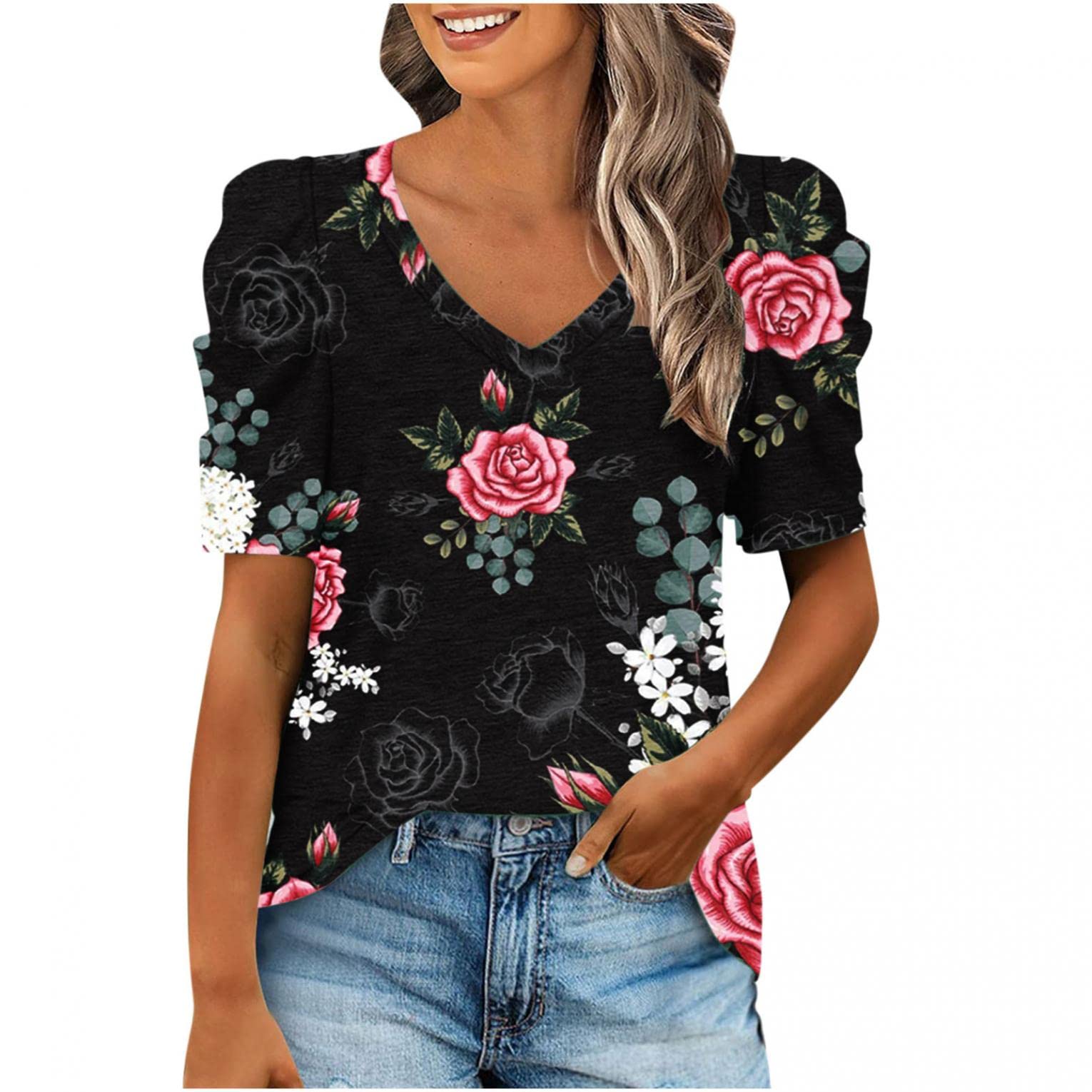 Women's Summer V-Neck Casual T-Shirt with Puff Sleeves - Loose Fit Tunic Blouse for Beach, Vacation & Everyday Wear