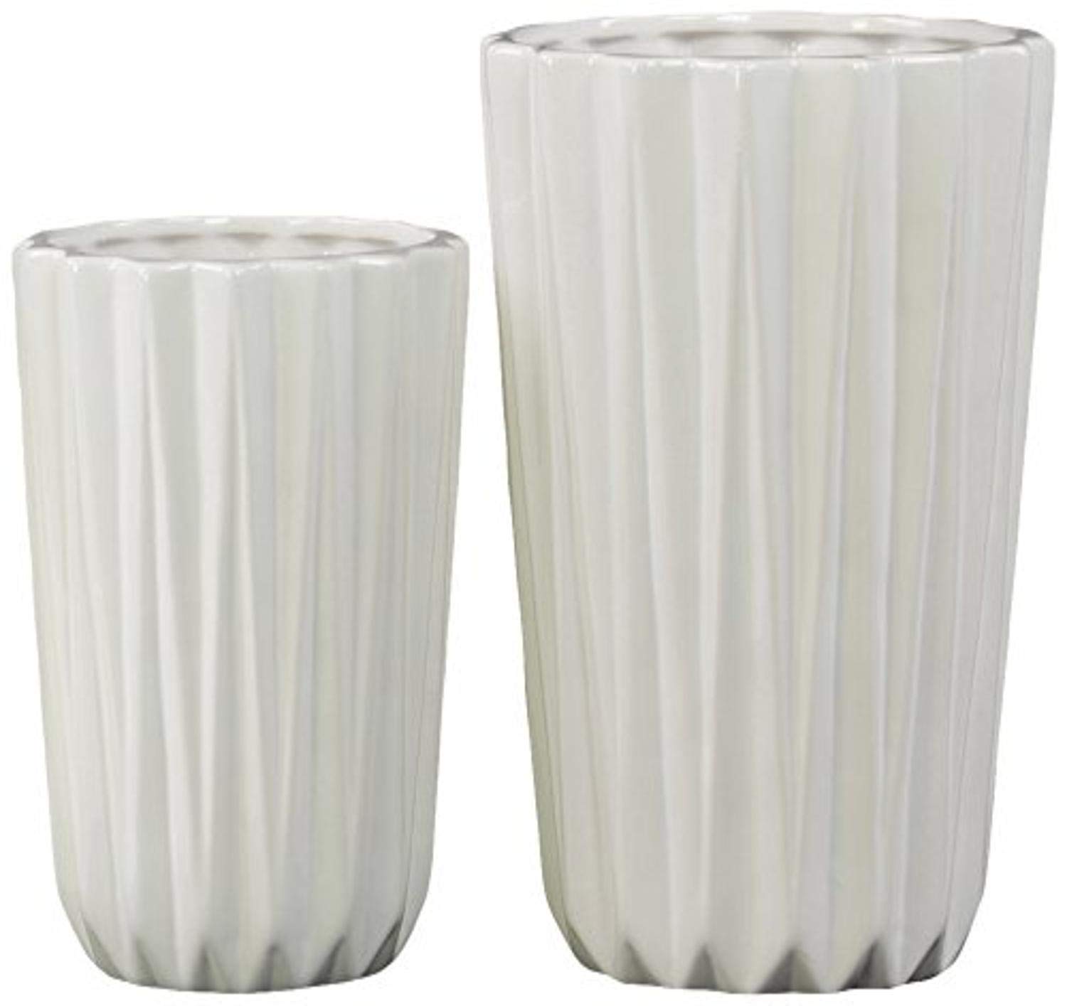 Gloss White Porcelain Tapered Flower Vase Set of 2 - Corrugated Texture for Home Decor, Wedding Centerpieces & Floral Arrangements