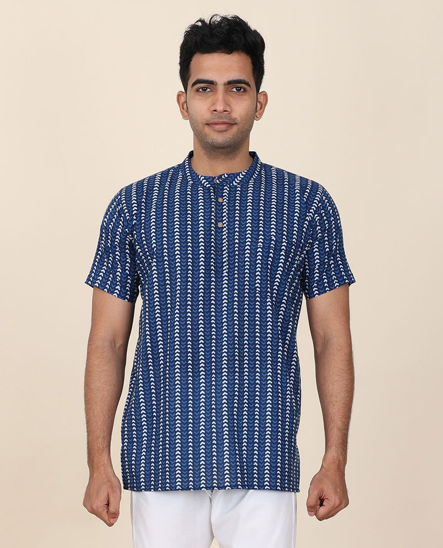 Stylish Blue Chevron Print Cotton Kurta with Mandarin Collar & Half Sleeves - Perfect for Casual Wear, Festivals, and Ethnic Fashion