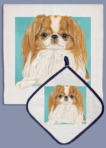 Japanese Chin Themed Dish Towels and Pot Holders Set - Cute Dog Pattern Kitchen Accessories for Cooking, Baking & Home Decor