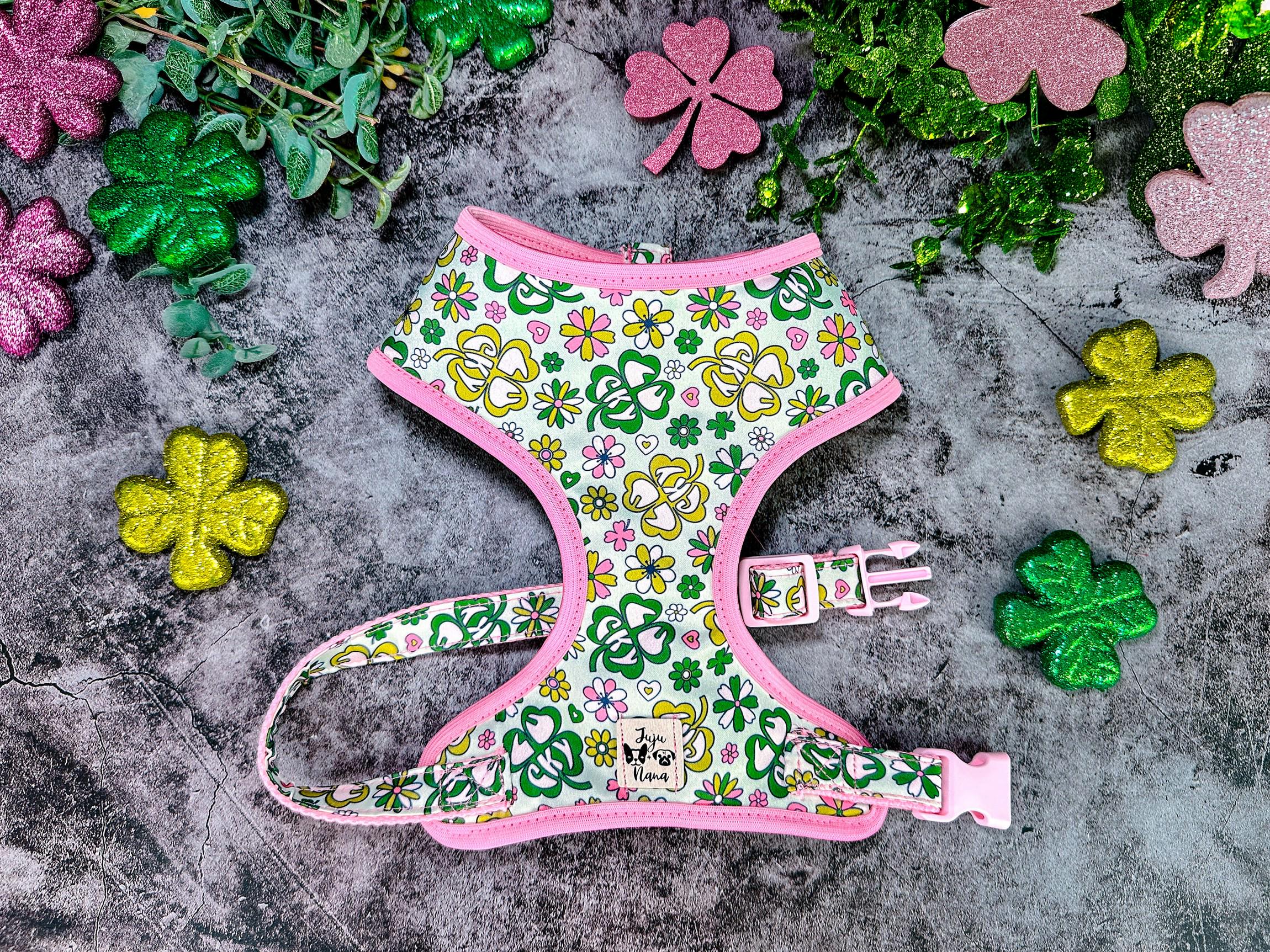 St. Patrick's Day Dog Harness with Shamrock & Flower Design - Adjustable Pink Trim Pet Vest for Small Medium Dogs | Perfect for St. Patrick's Day Parades, Pet Parties & Festive Walks