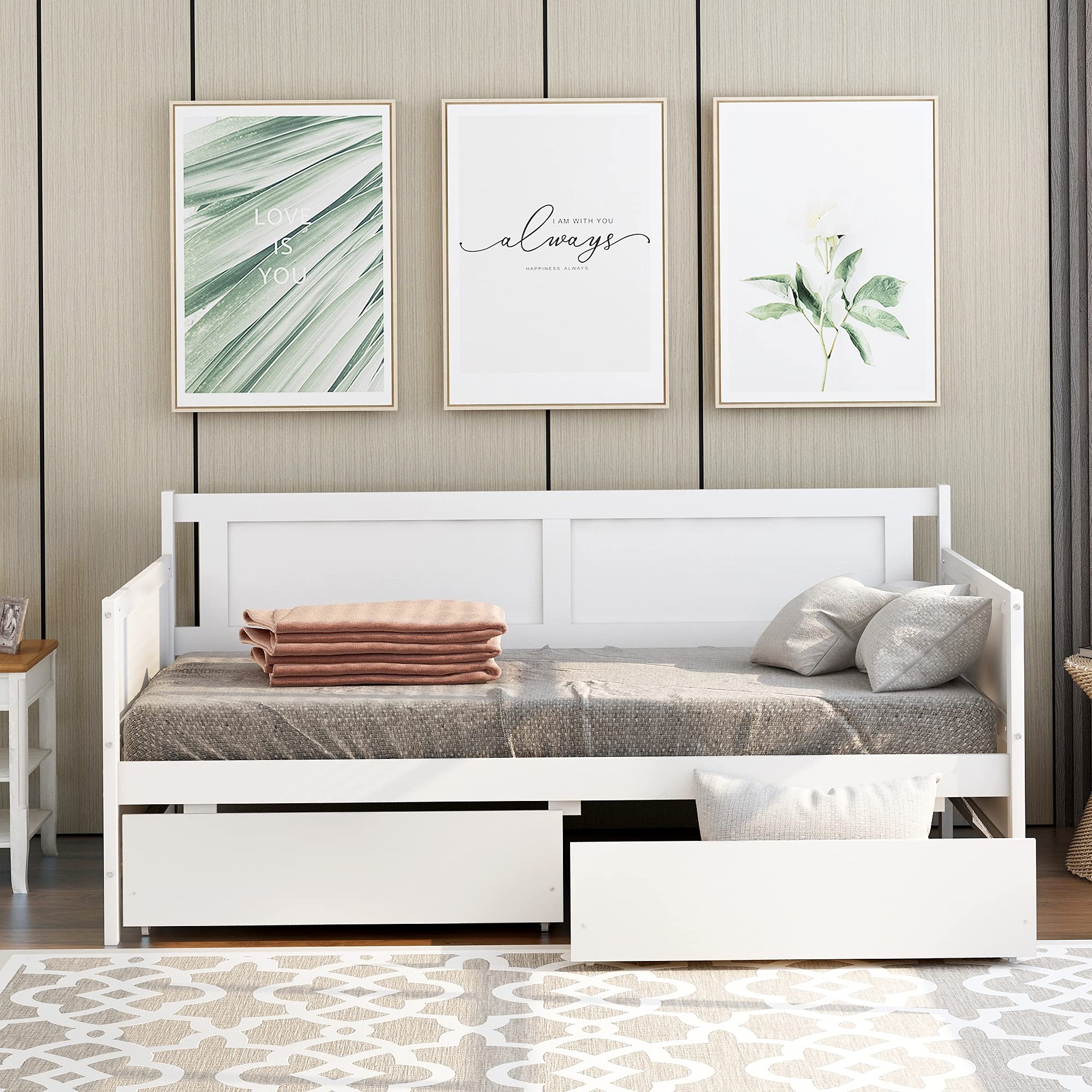 Twin Daybed with Drawers - Wood Sofa Bed Frame for Bedroom & Living Room - White