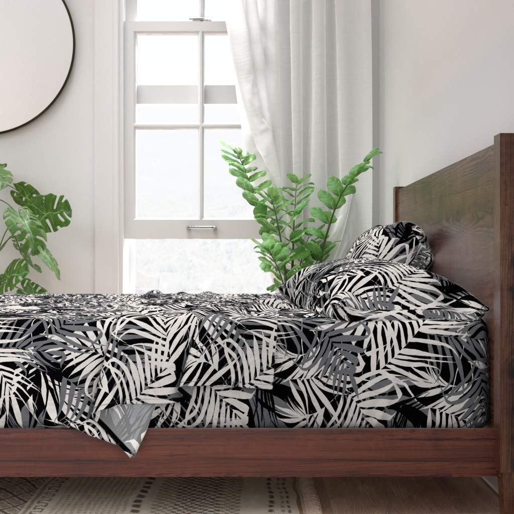 Tropic Jungle Palm Print 100% Cotton Twin Sheet Set - 3pc Gray & Black Botanical Bedding for Cozy & Stylish Bedroom Decor