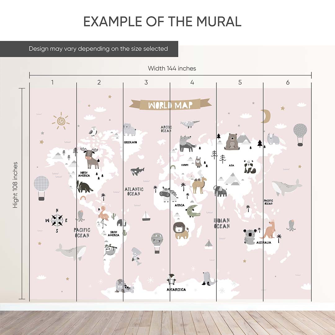 Pink World Map with Animals Wall Mural AM115 - Kids Room Decor, Nursery Wallpaper, Playroom Design