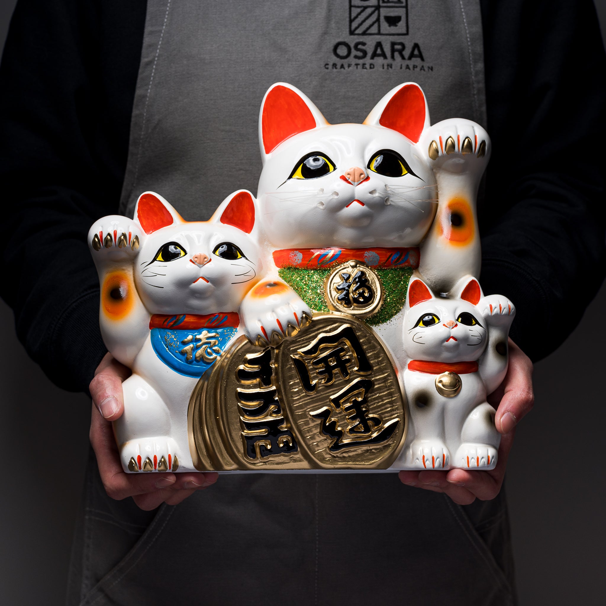 Tokonome Ware Lucky Cat Ornament Trio - Japanese Maneki Neko Figurine Set for Home & Office Decor, Good Fortune Gift for Housewarming, Business Success & Wealth Attraction