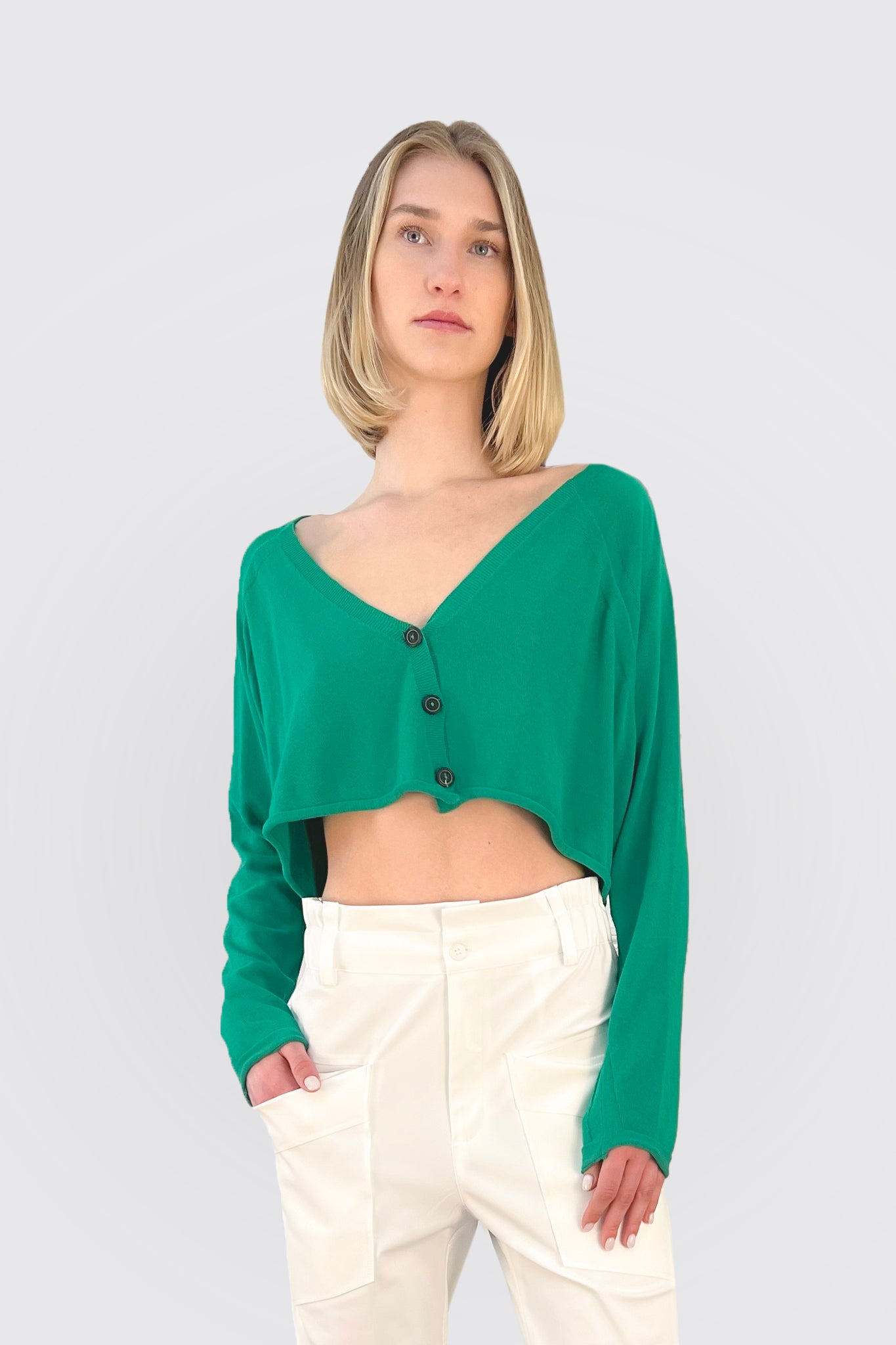 Women's Green Crop Knit Cardigan - Soft Lightweight Summer Sweater for Casual Outfits & Layering