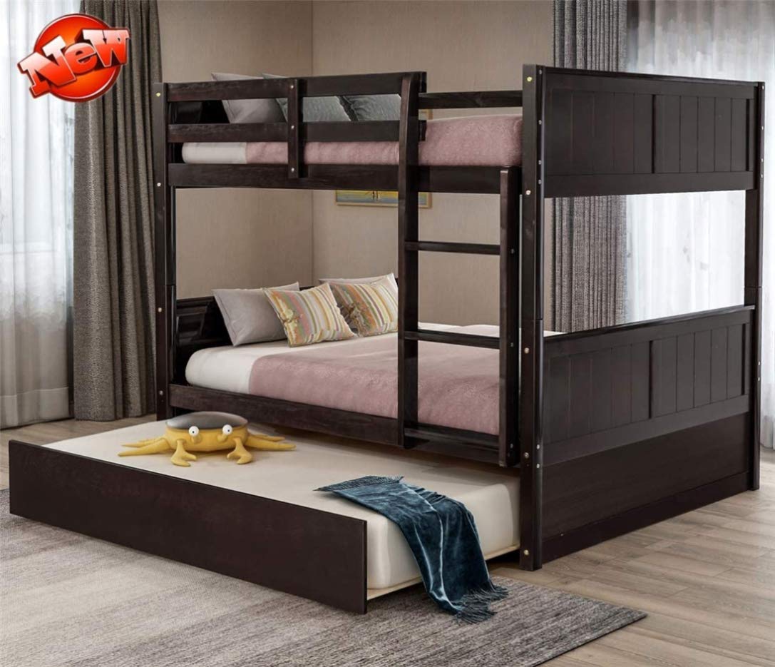 Solid Wood Bunk Beds Full Over Full with Trundle & Stairs - Safe for Kids & Adults (Espresso) - Perfect for Small Bedrooms & Guest Rooms