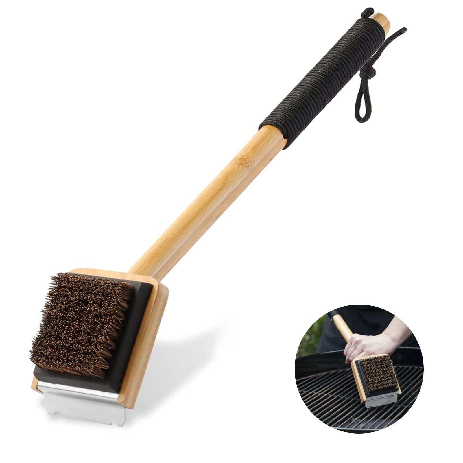 Qoyntuer 2-in-1 Pizza Oven Cleaning Brush with Long Wooden Handle & Metal Scraper - Heavy Duty Grill Brush for Outdoor Pizza Oven, BBQ, Smoker & Kitchen Cleaning Accessories - Perfect for Backyard Cooking & Camping