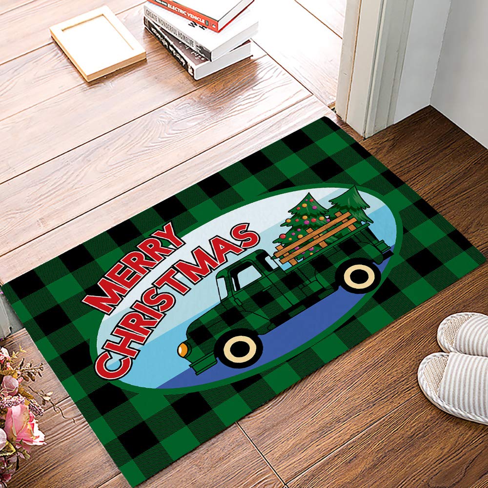 Non-Slip Christmas Check Grid Doormat - 18x30 Inch Green & Black Rubber Backed Entryway Rug for Front Door, Indoor, Bathroom, Kitchen & Bedroom - Perfect for Holiday Decor and Home Safety
