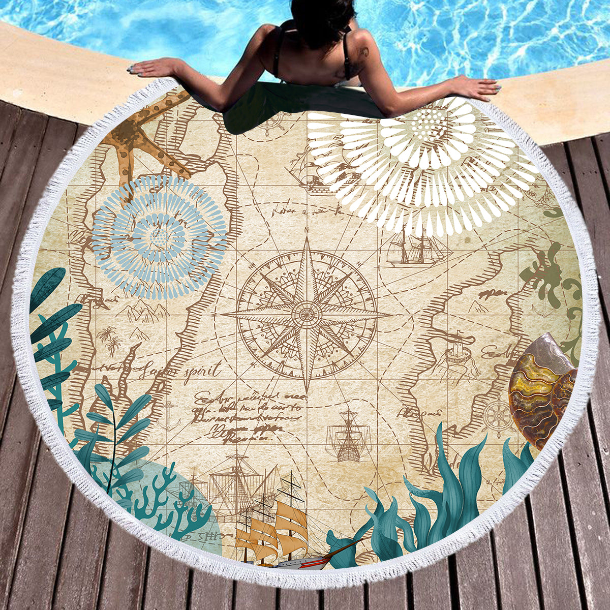 Nautical Chart Round Beach Towel - Waterproof Sandproof Quick Dry - Perfect for Beach, Pool, Picnic & Outdoor Activities