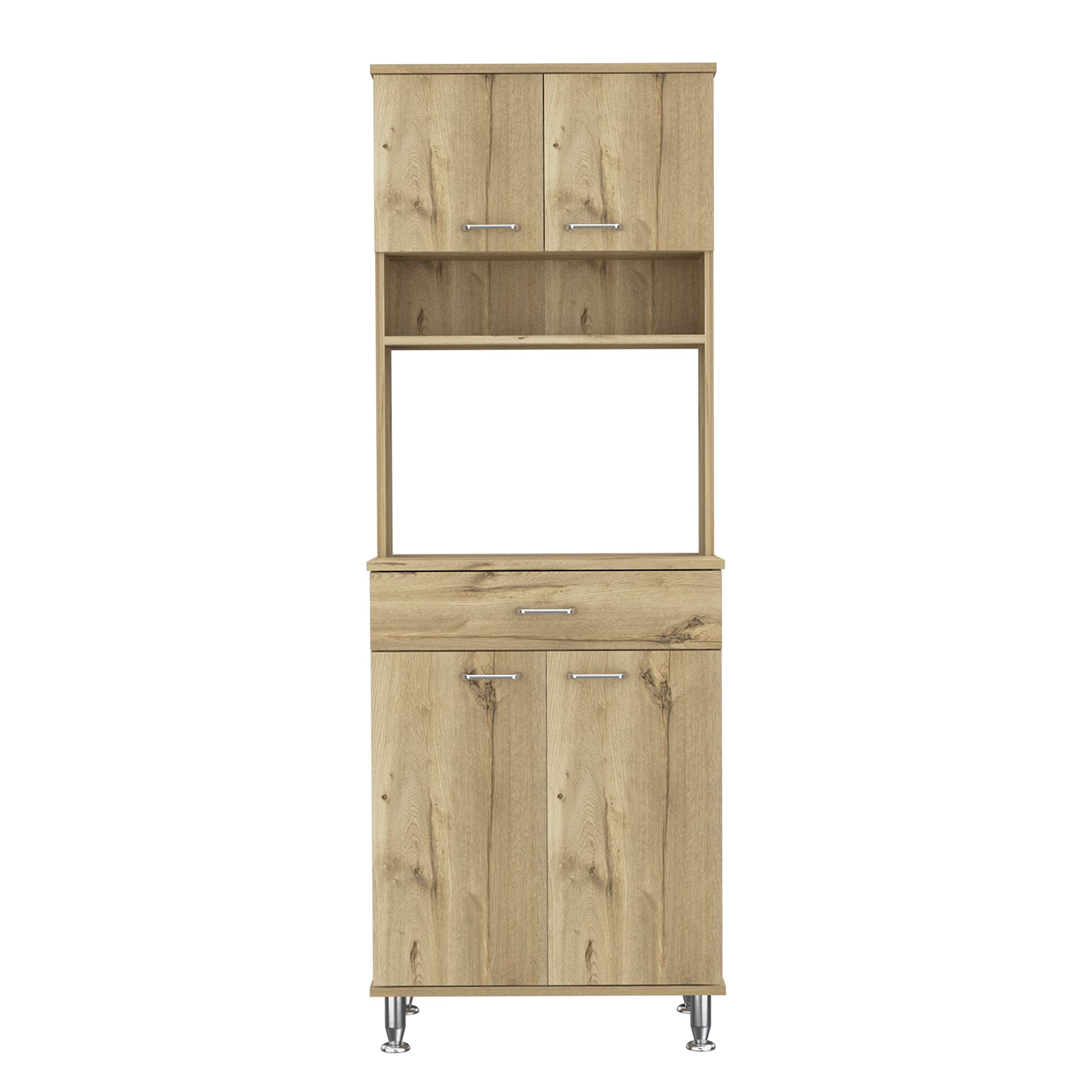 Bay Area Pantry Cabinet with 2 Double Doors, Drawer & 2 Open Shelves - Light Oak Finish with 4 Sturdy Metal Legs | Perfect for Kitchen Storage, Dining Room Organization & Small Space Living