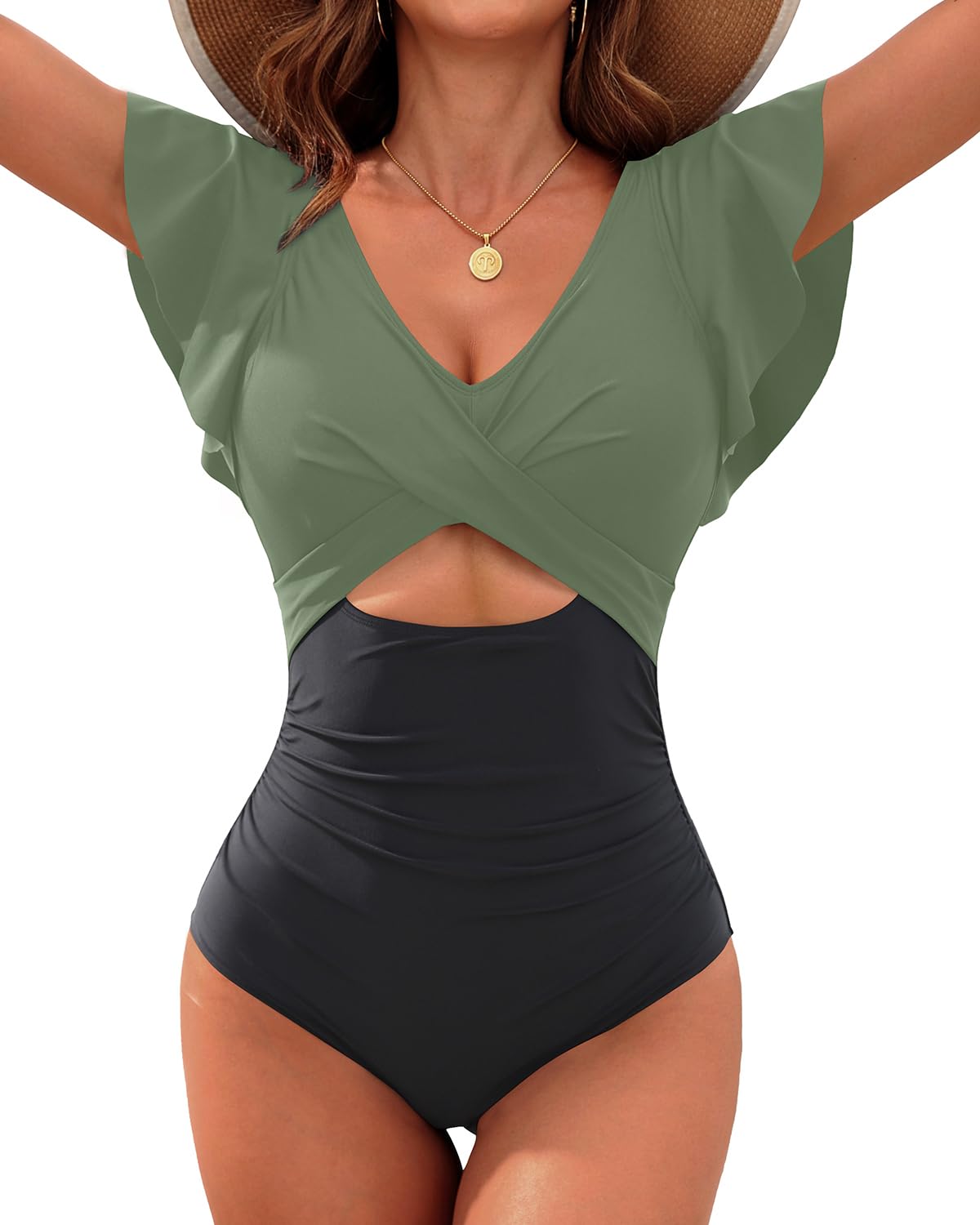 Women's Tummy Control One Piece Swimsuits - Slimming Bathing Suit with Ruffle Sleeve | High Waisted Swimwear for Beach, Pool & Vacation