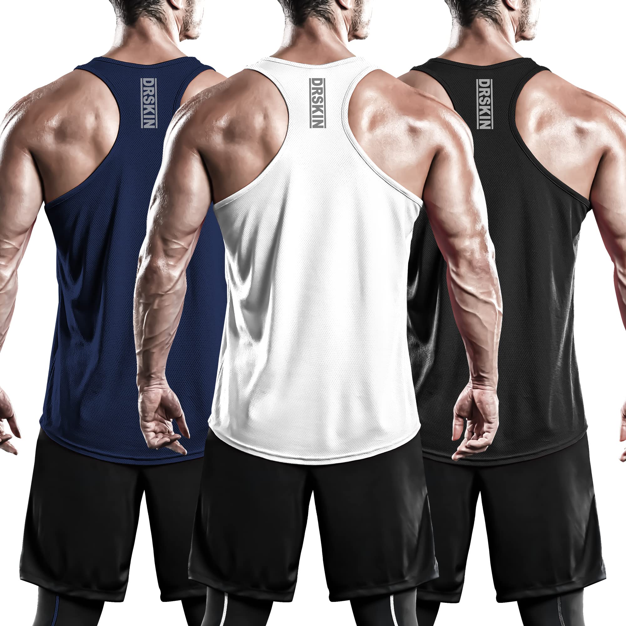 DRSKIN Men's 3 Pack Moisture Wicking Y-Back Muscle Tank Tops - Breathable Mesh Sleeveless Gym Shirts for Bodybuilding, Weightlifting & Intense Workouts - Stay Cool & Dry During Training Sessions