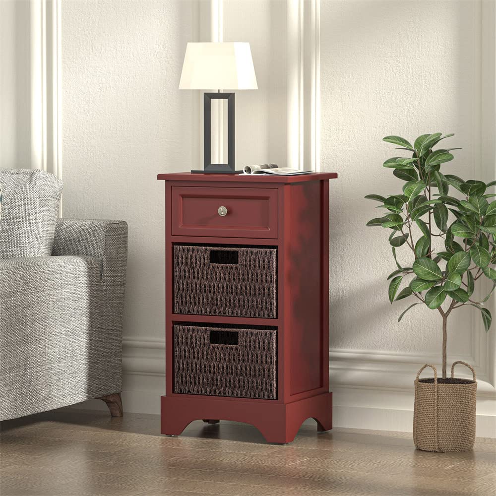 Farmhouse Style Wooden Accent Storage Cabinet with Drawer & Wicker Baskets - Entryway Console, Kitchen Buffet & Bedroom Organizer - Rustic Home Decor for Dining Room, Living Room & Hallway Storage Solutions